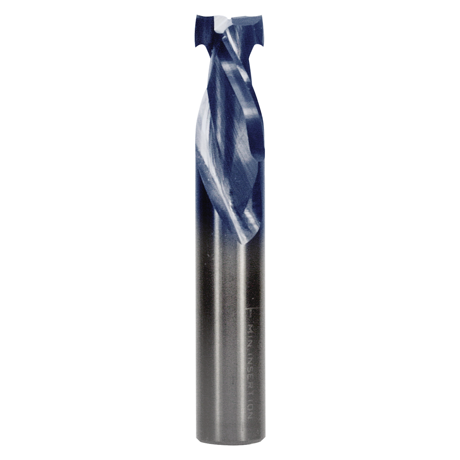 Metal mortise compression bit with two spiral flutes and flat cutting head, half-inch diameter.
