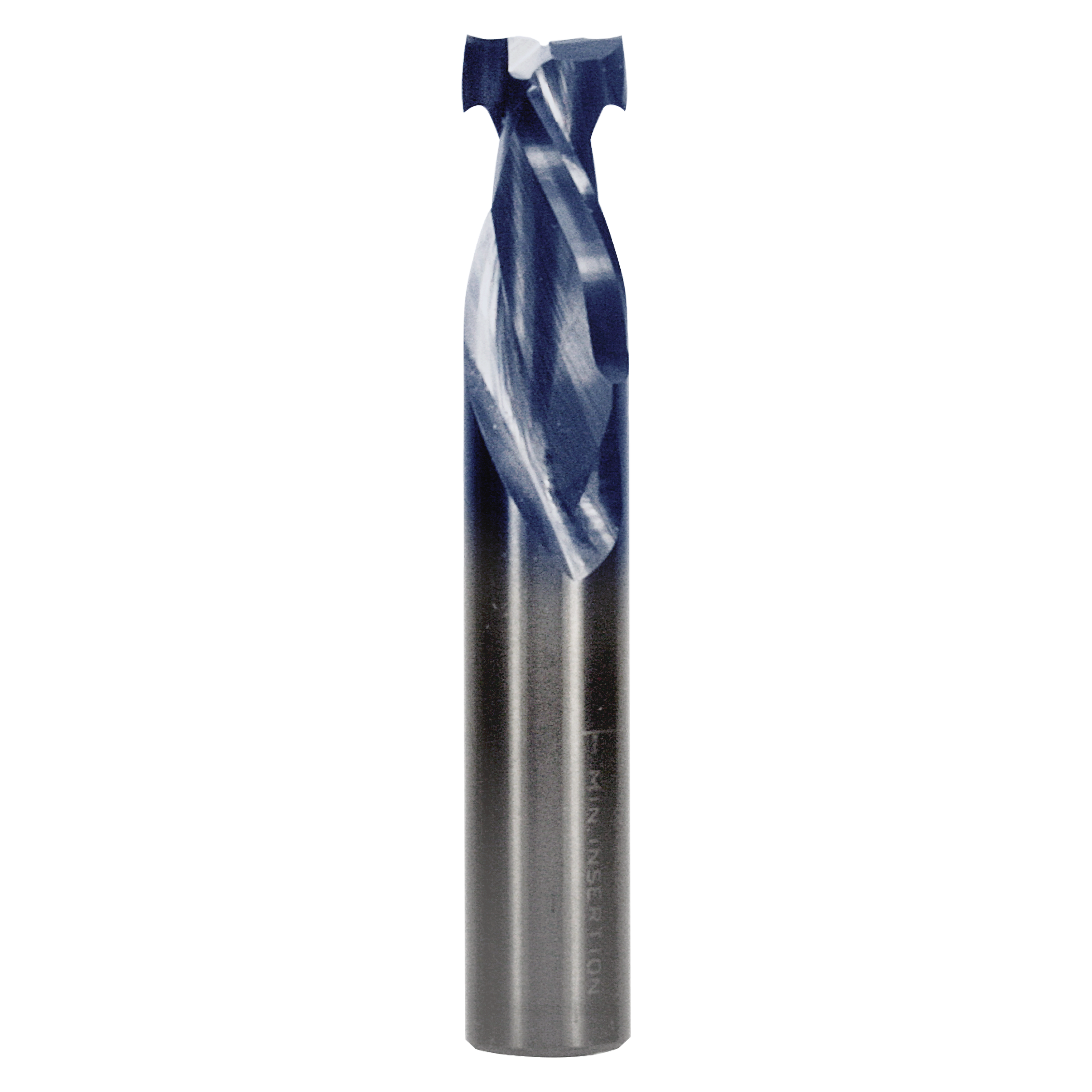 Metal mortise compression bit with two spiral flutes and flat cutting head, half-inch diameter.