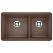 Cafe-colored undermount double bowl kitchen sink with two equal compartments and chrome drain fixtures.