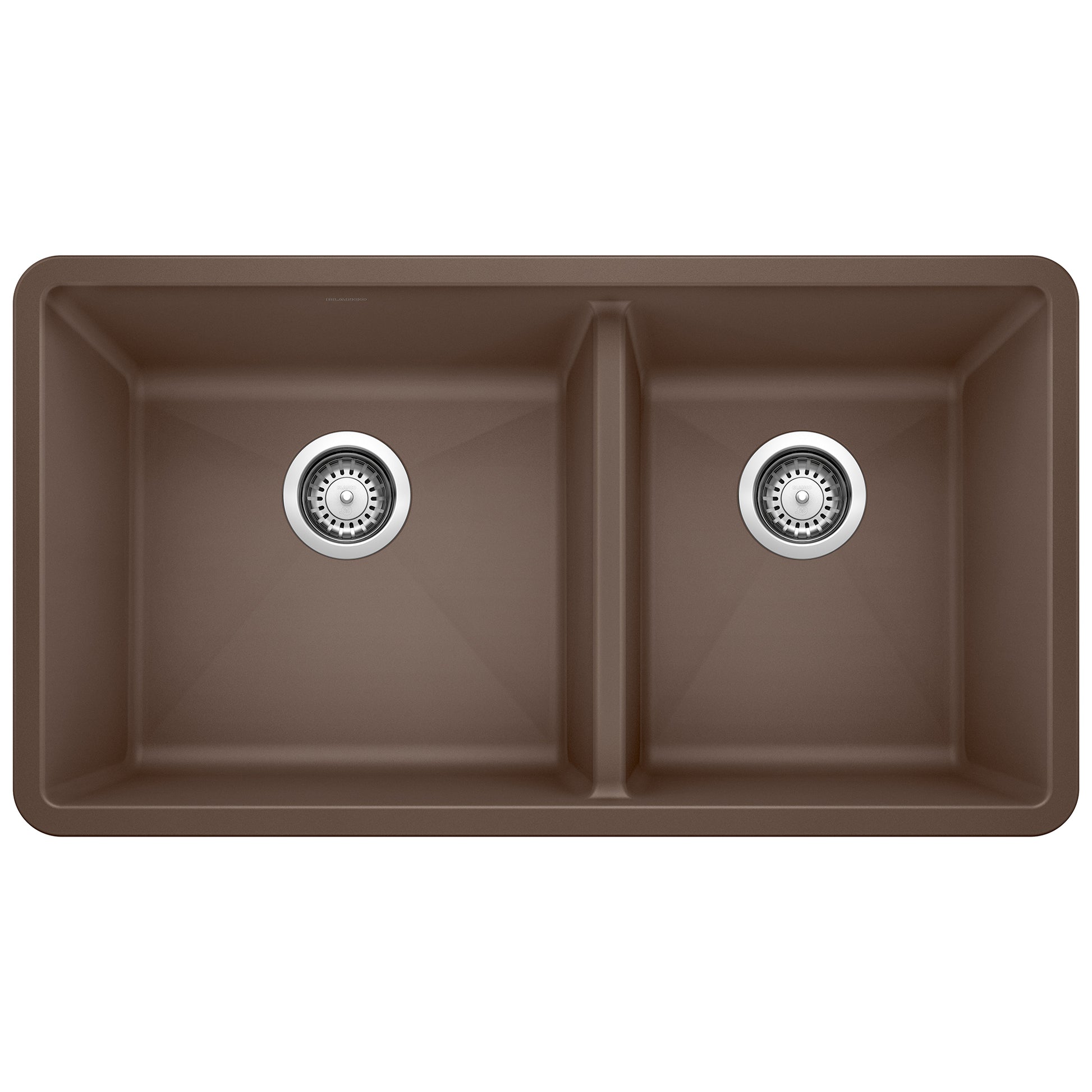 Cafe-colored undermount double bowl kitchen sink with two equal compartments and chrome drain fixtures.