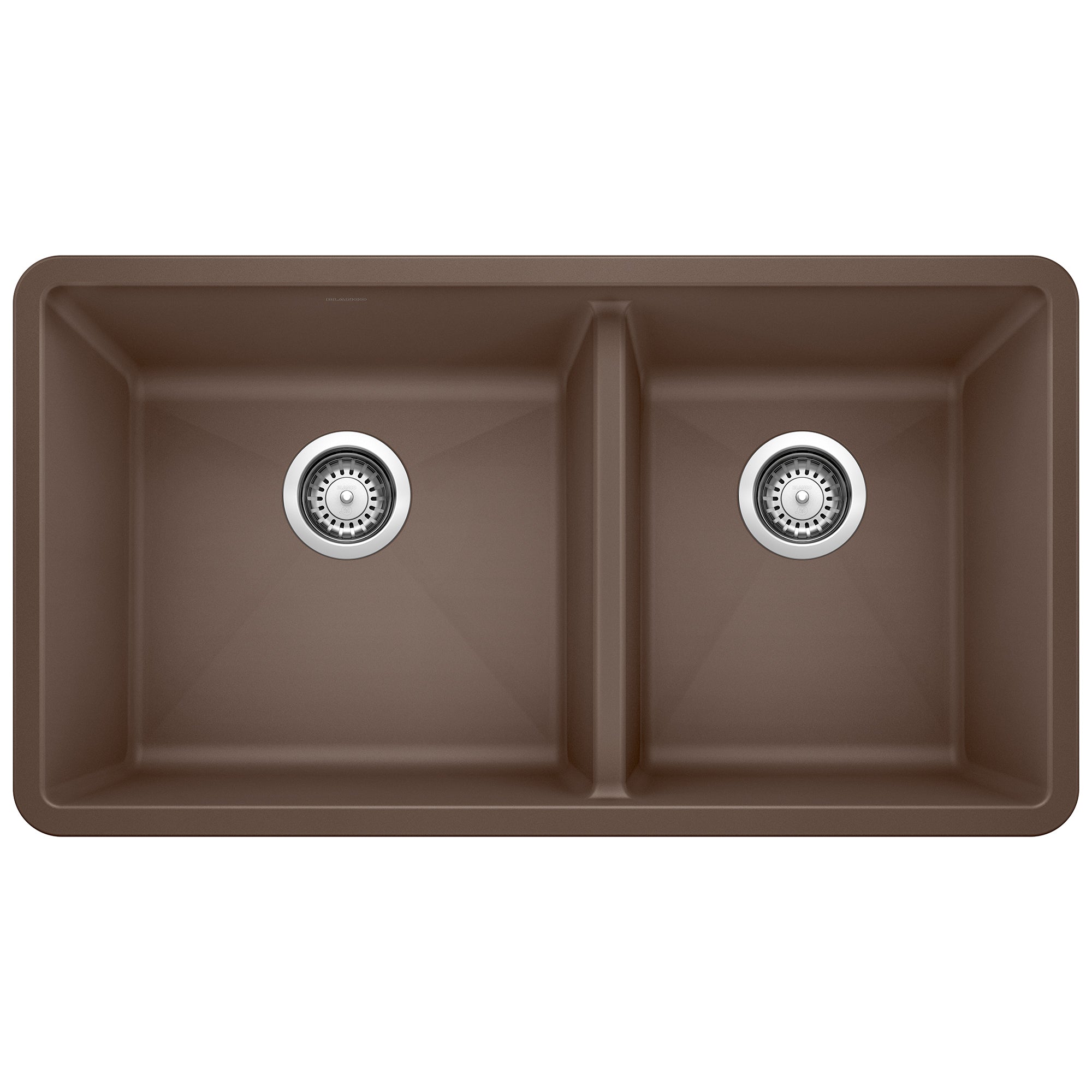 Cafe-colored undermount double bowl kitchen sink with two equal compartments and chrome drain fixtures.