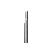 Silver metal router bit with two straight flutes and cylindrical shank on white background.