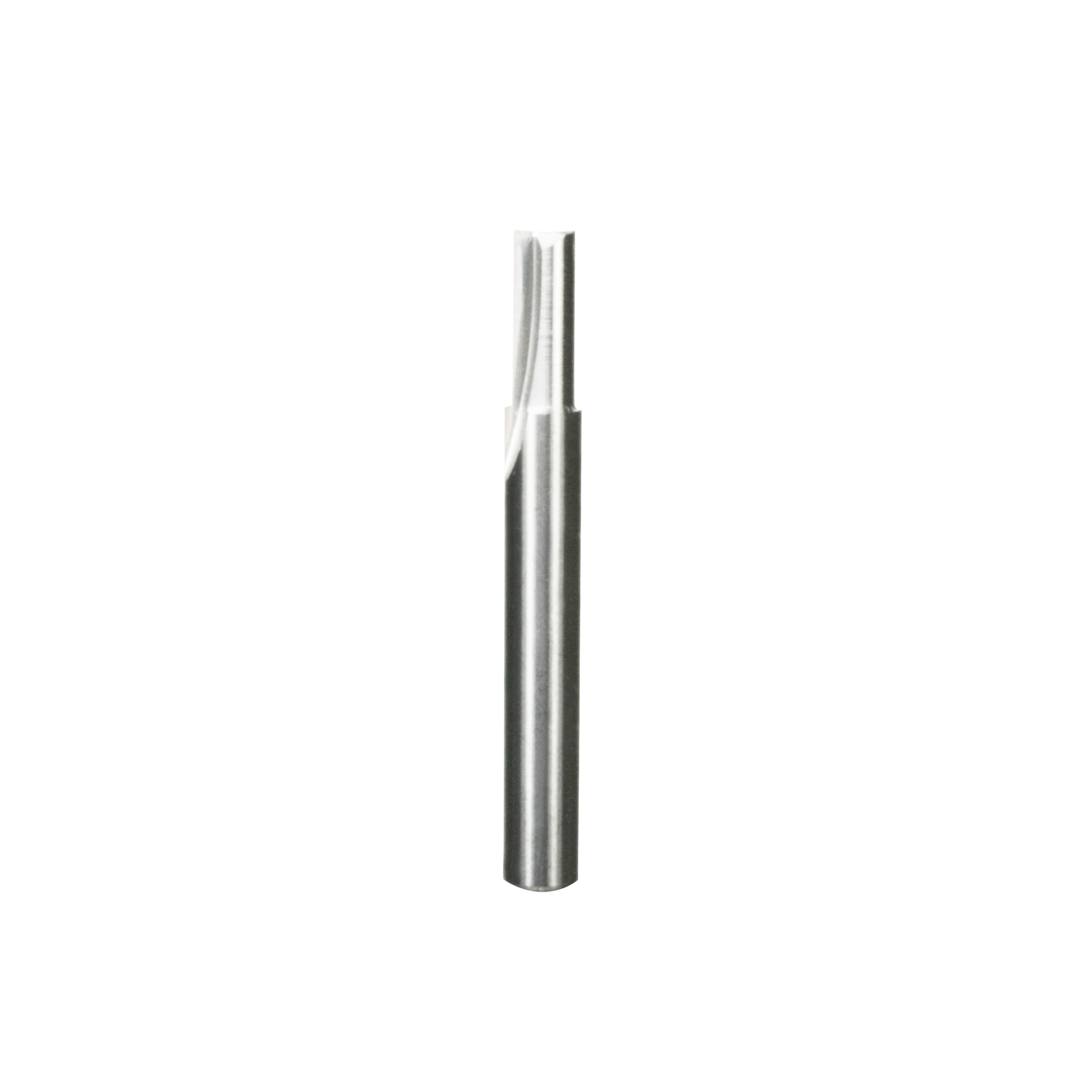 Silver metal router bit with two straight flutes and cylindrical shank on white background.