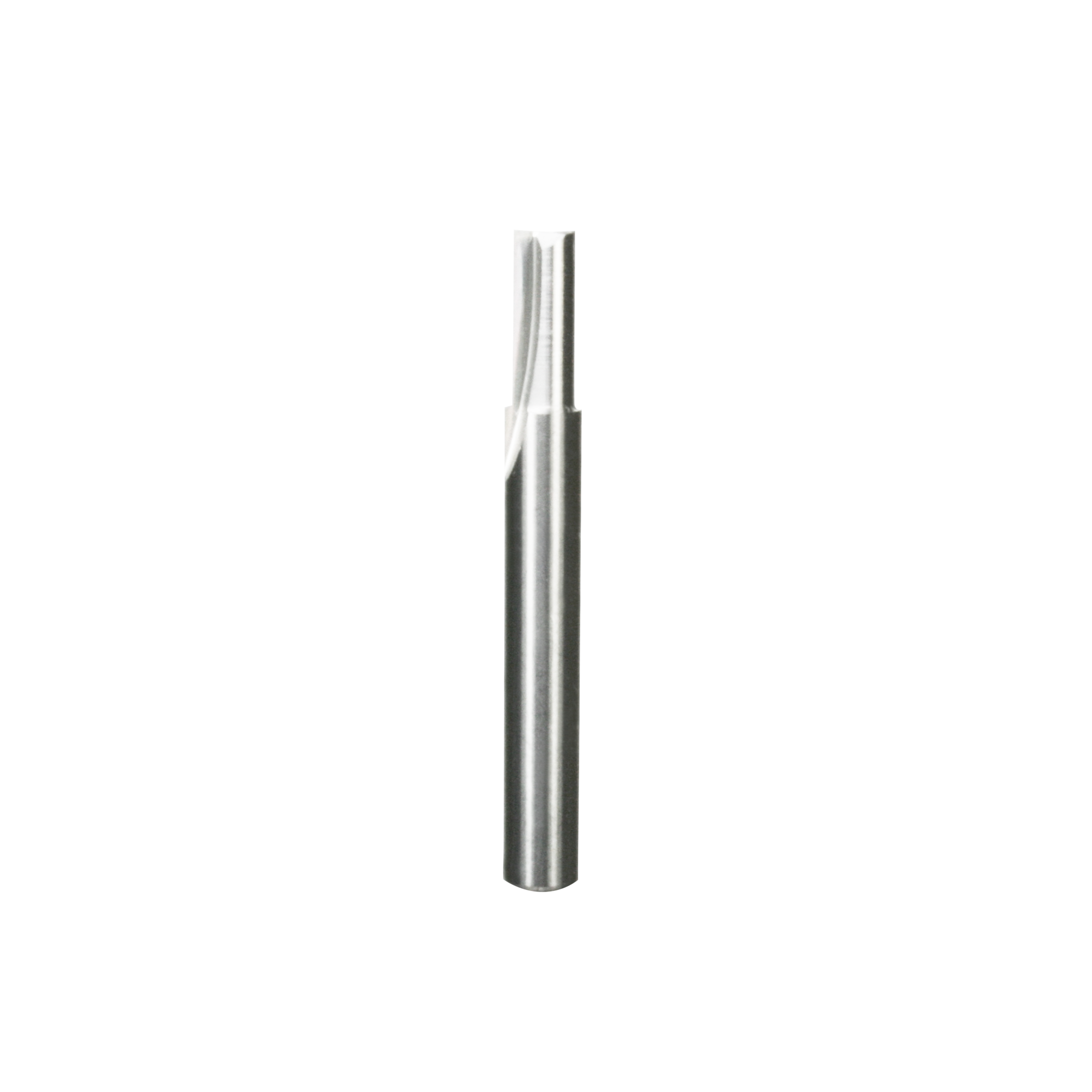 Silver metal router bit with two straight flutes and cylindrical shank on white background.