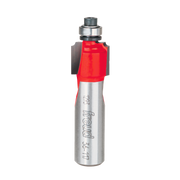 Silver router bit with red body section and metal bearing at top, Freud branding on shaft.