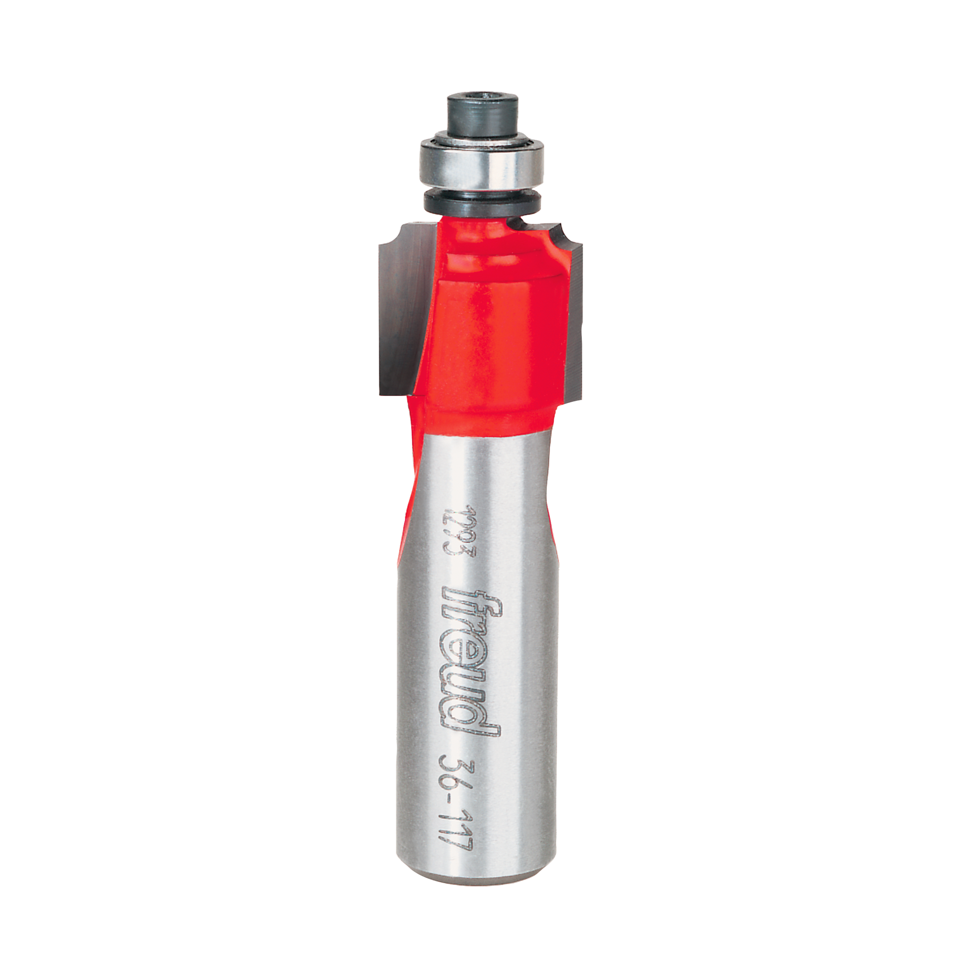 Silver router bit with red body section and metal bearing at top, Freud branding on shaft.