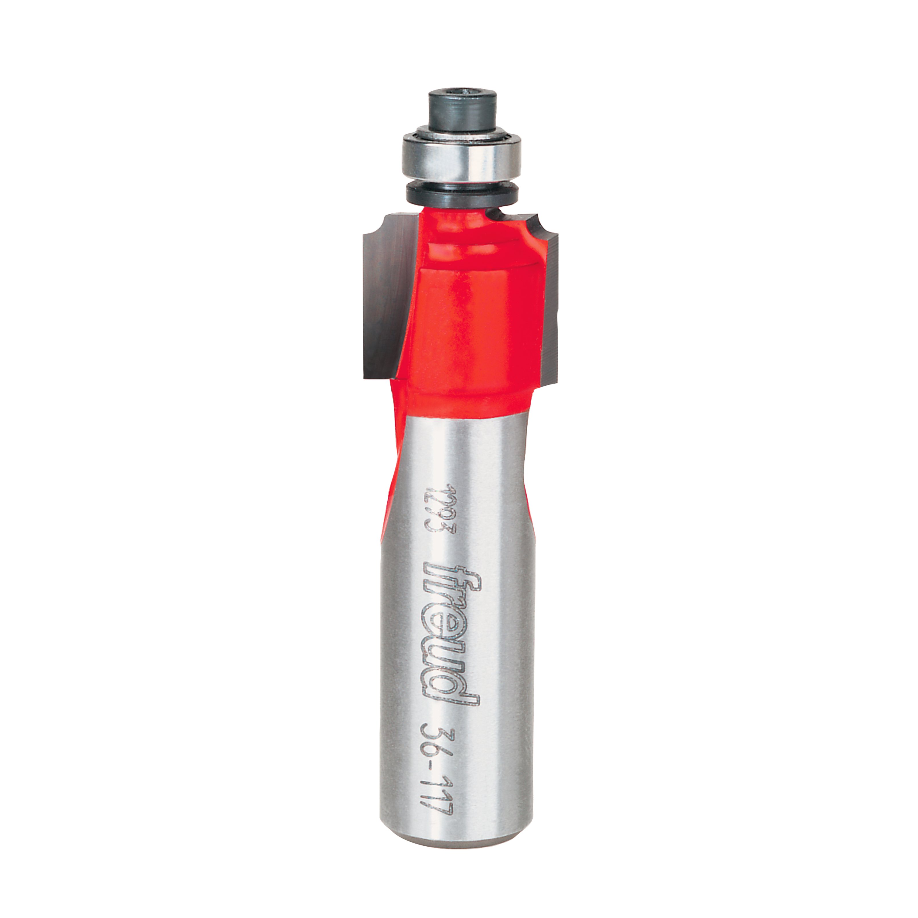 Silver router bit with red body section and metal bearing at top, Freud branding on shaft.