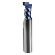 1/2" diameter mortise compression bit with single flute, blue coating on cutting head, metallic silver shank.