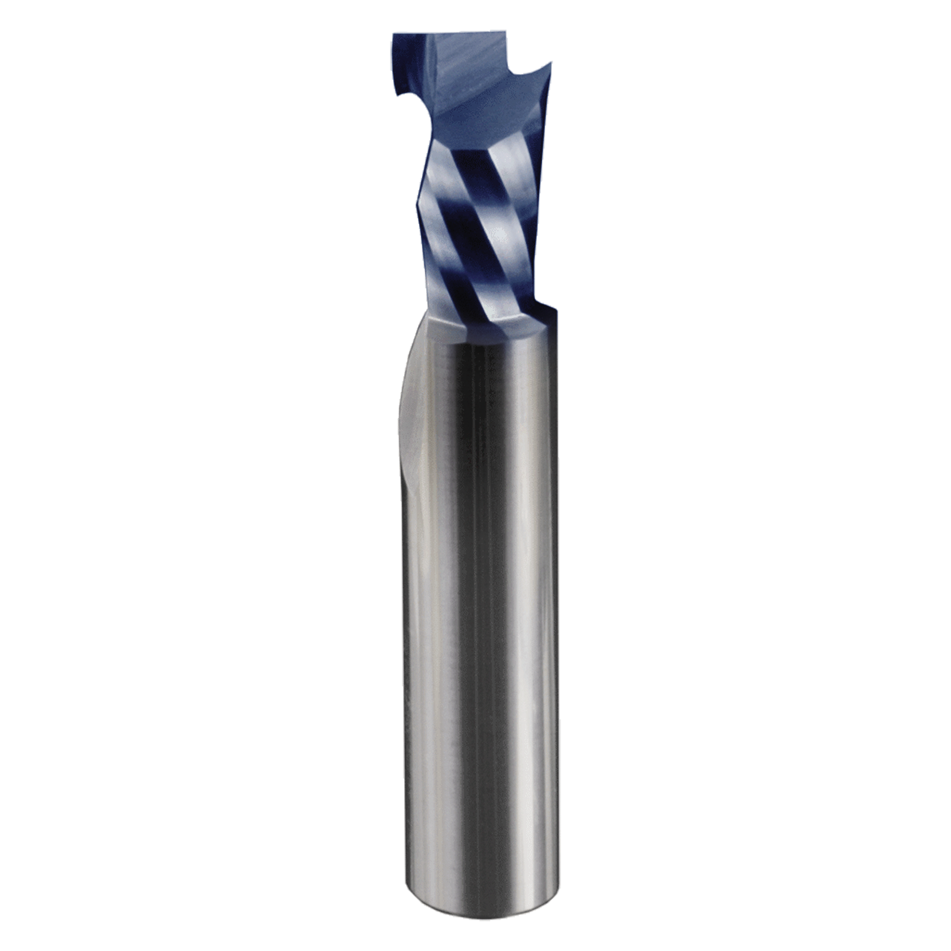 1/2" diameter mortise compression bit with single flute, blue coating on cutting head, metallic silver shank.