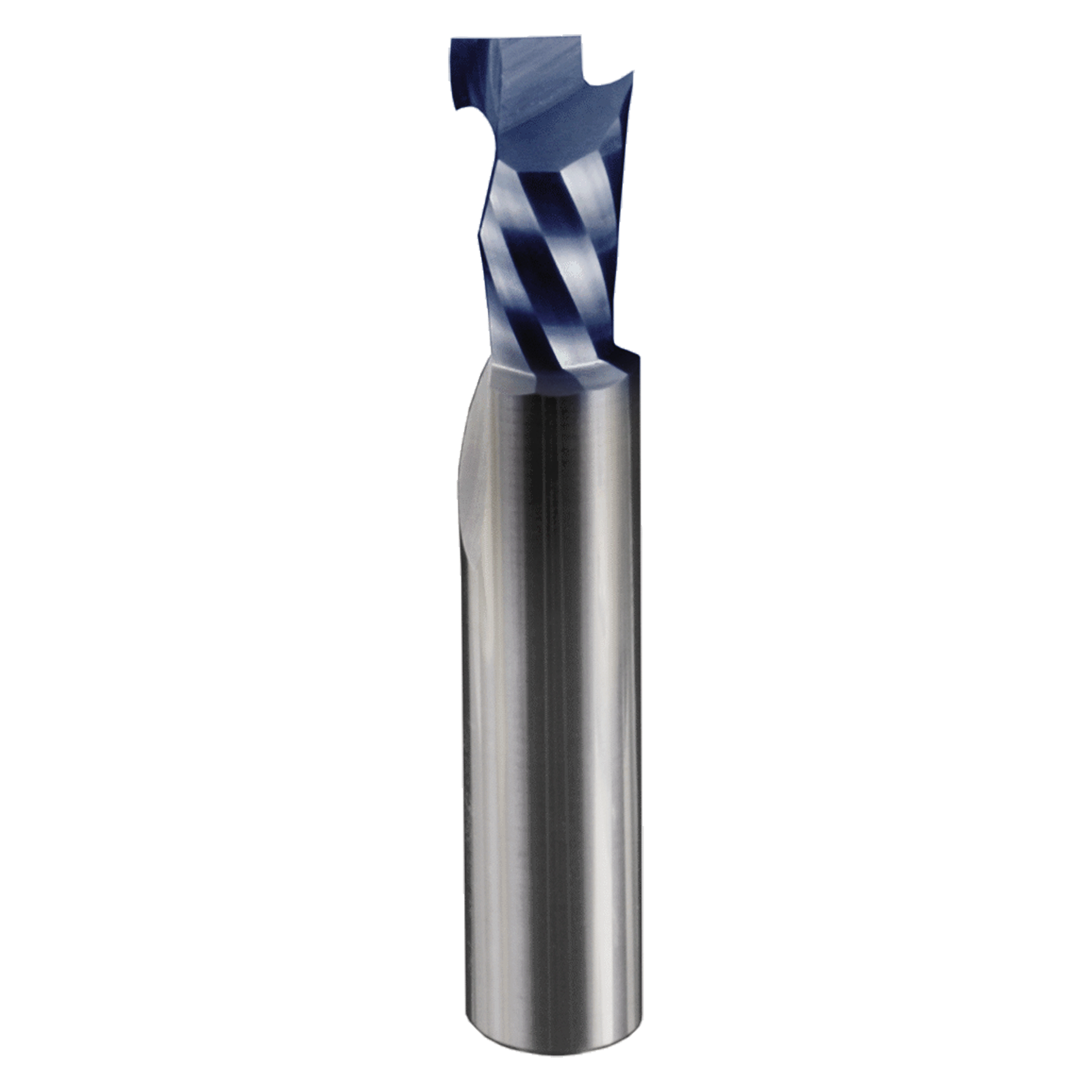 1/2" diameter mortise compression bit with single flute, blue coating on cutting head, metallic silver shank.