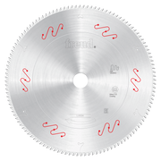 Silver carbide-tipped circular saw blade with red vibration reduction slots and fine teeth around edge.