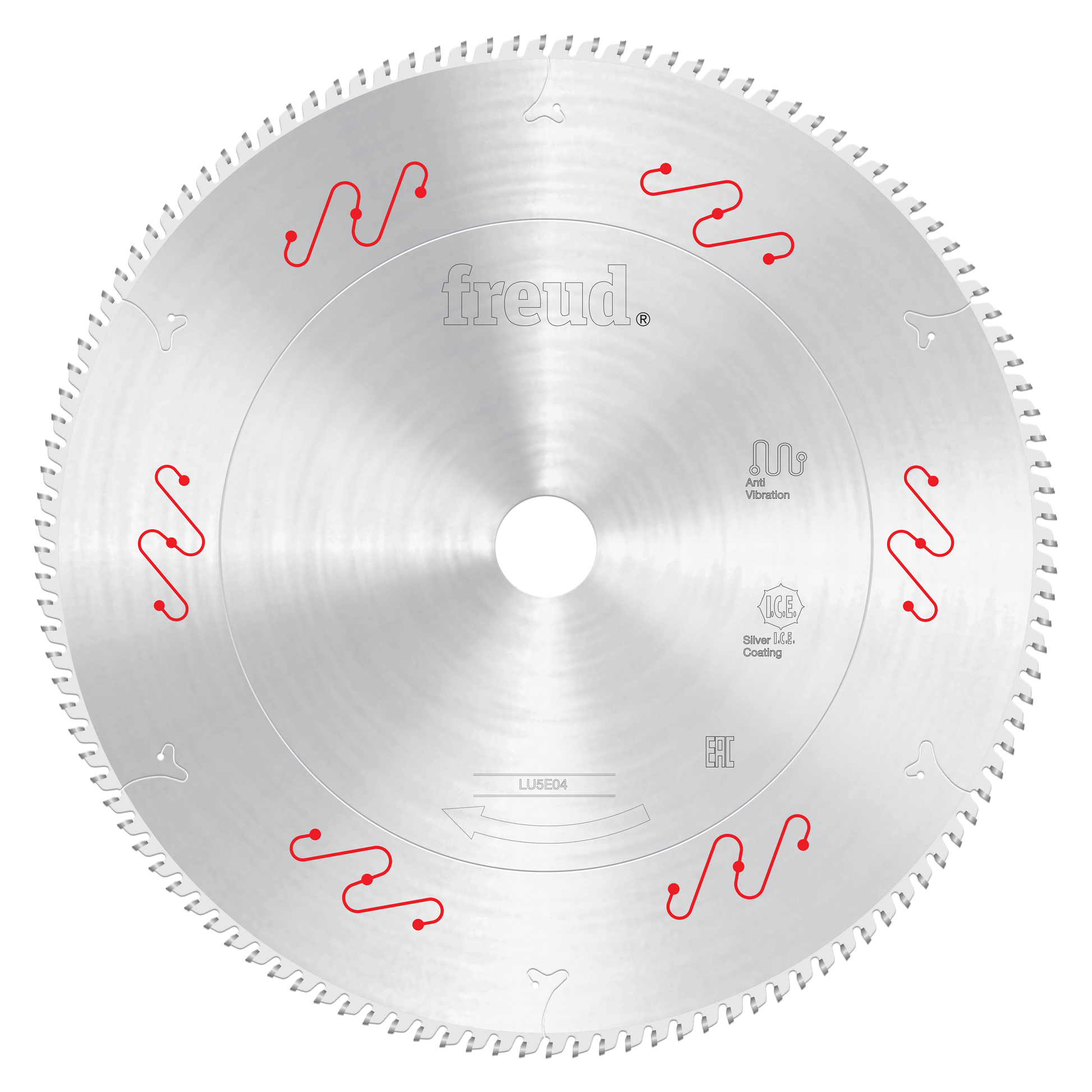 Silver carbide-tipped circular saw blade with red vibration reduction slots and fine teeth around edge.