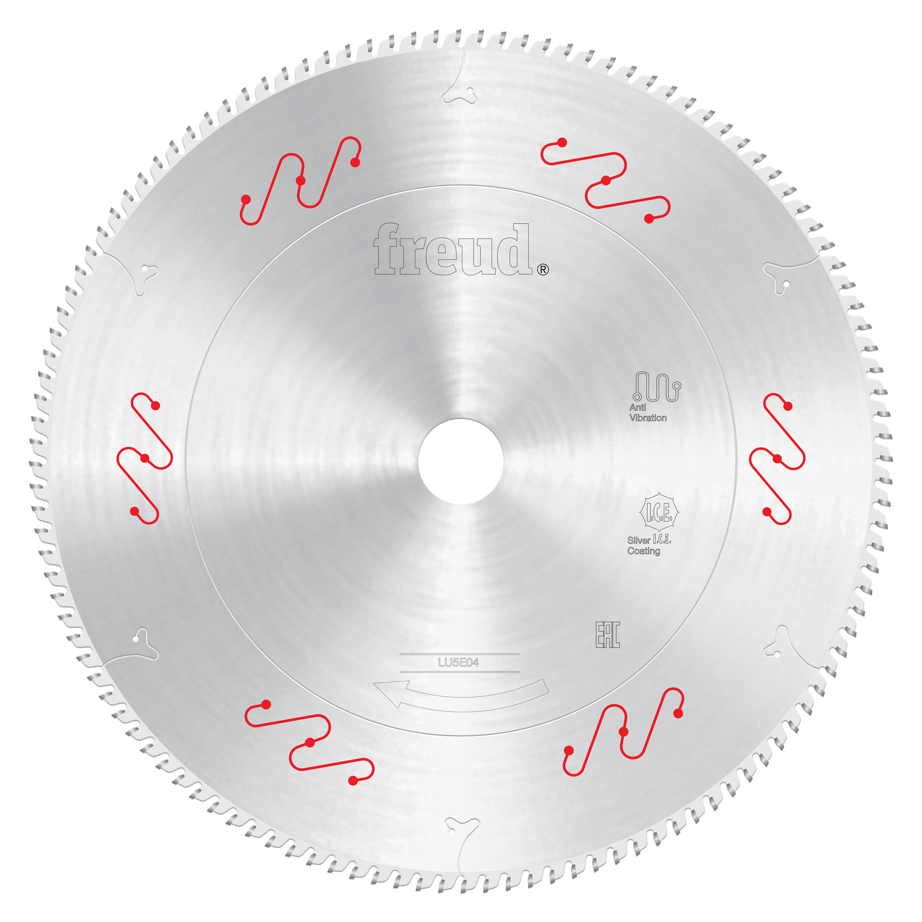 Silver carbide-tipped circular saw blade with red vibration reduction slots and fine teeth around edge.