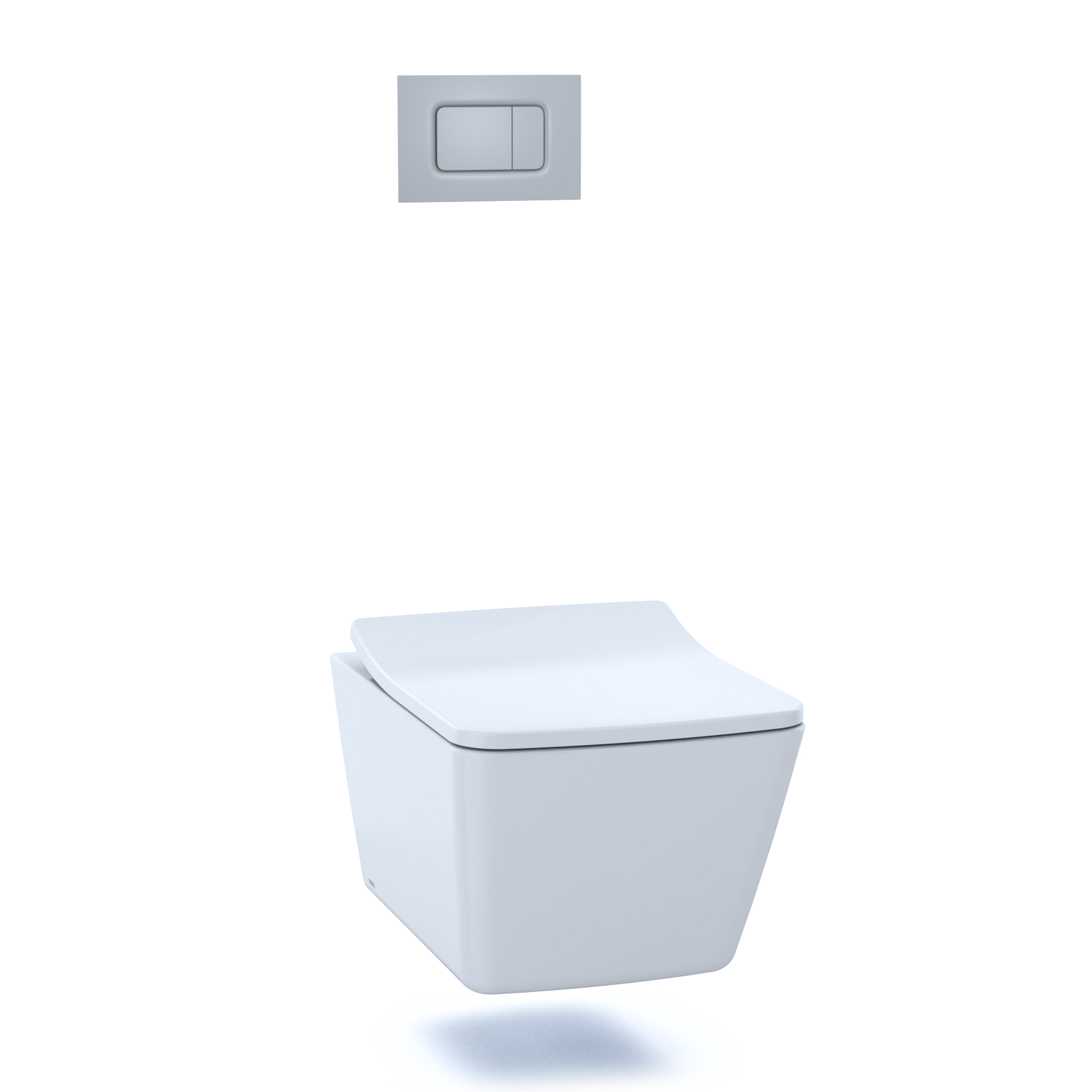 White wall-mounted toilet bowl with dual-flush grey control panel above it.