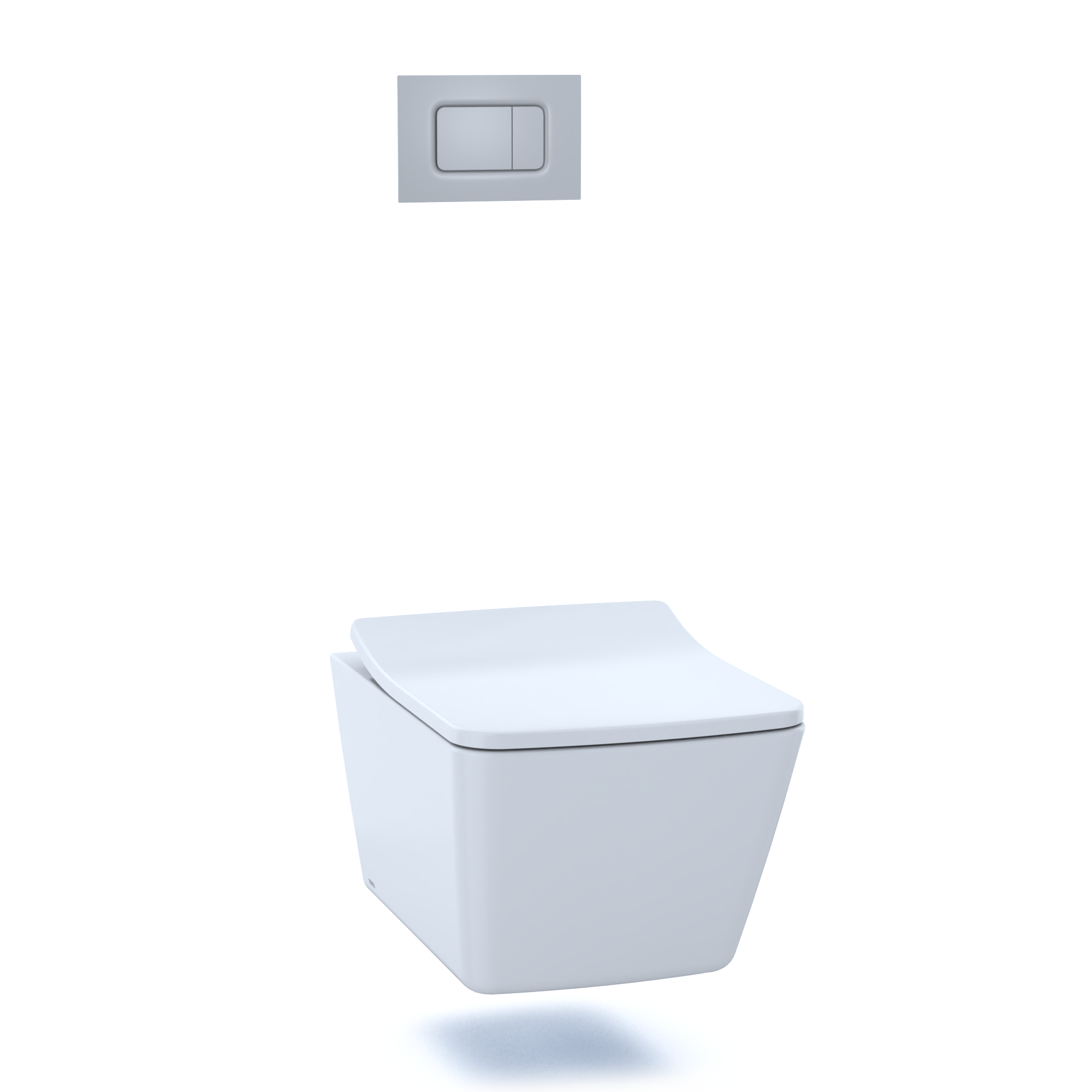 White wall-mounted toilet bowl with dual-flush grey control panel above it.