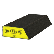 Black and yellow angled sanding sponge with extended corner design and 100-grit abrasive surface.