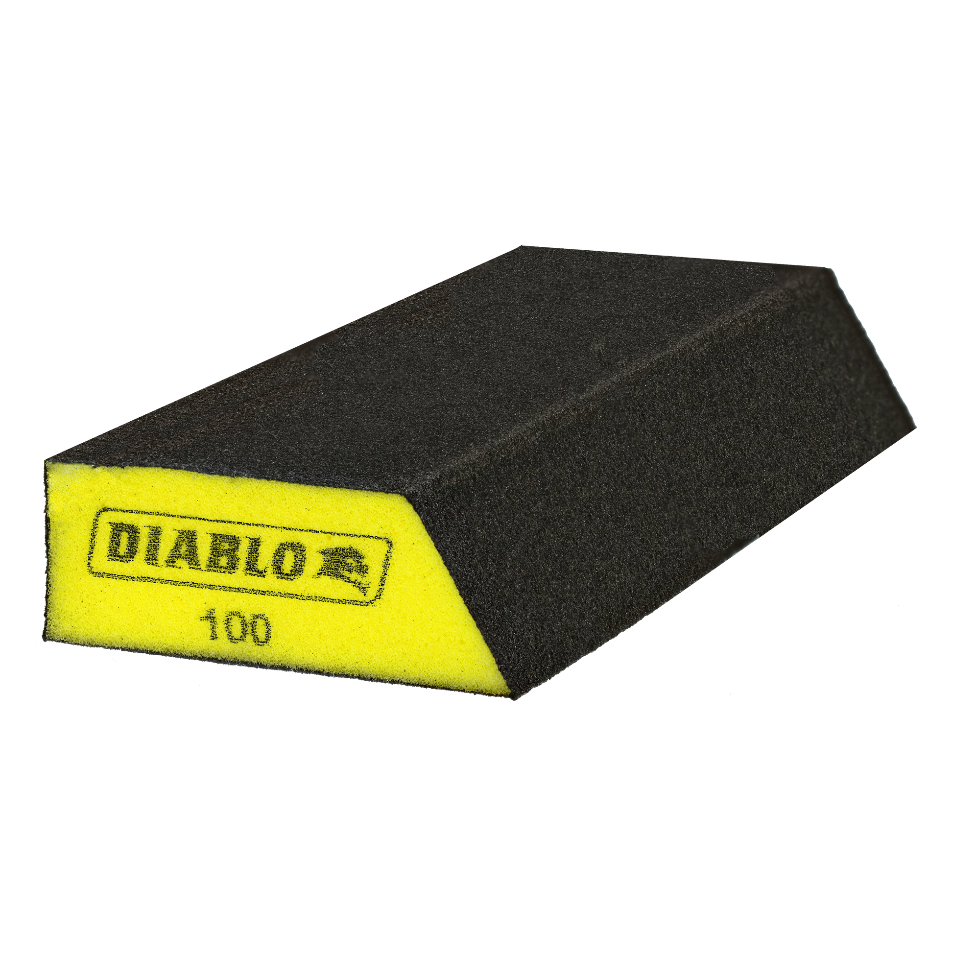 Black and yellow angled sanding sponge with extended corner design and 100-grit abrasive surface.