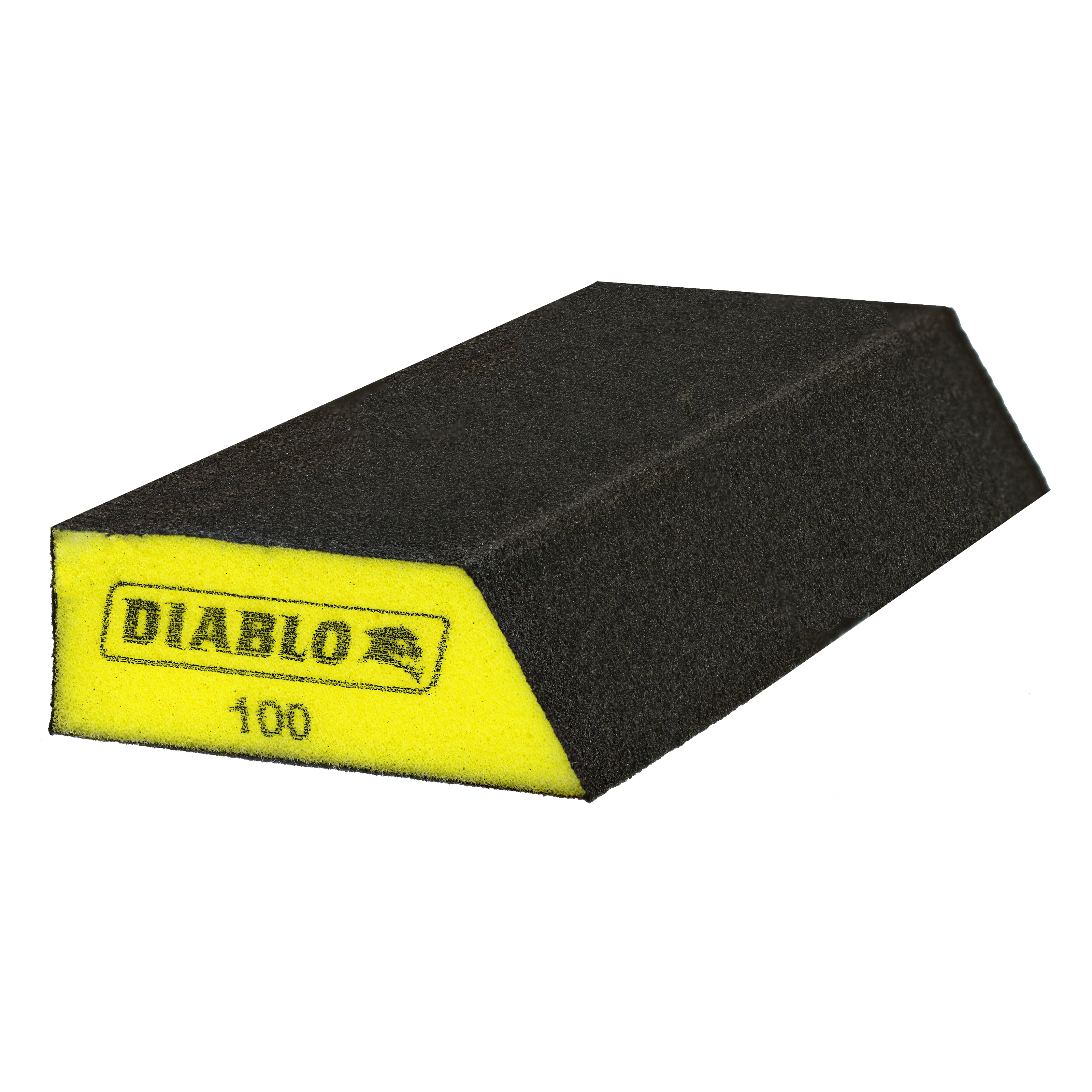Black and yellow angled sanding sponge with extended corner design and 100-grit abrasive surface.