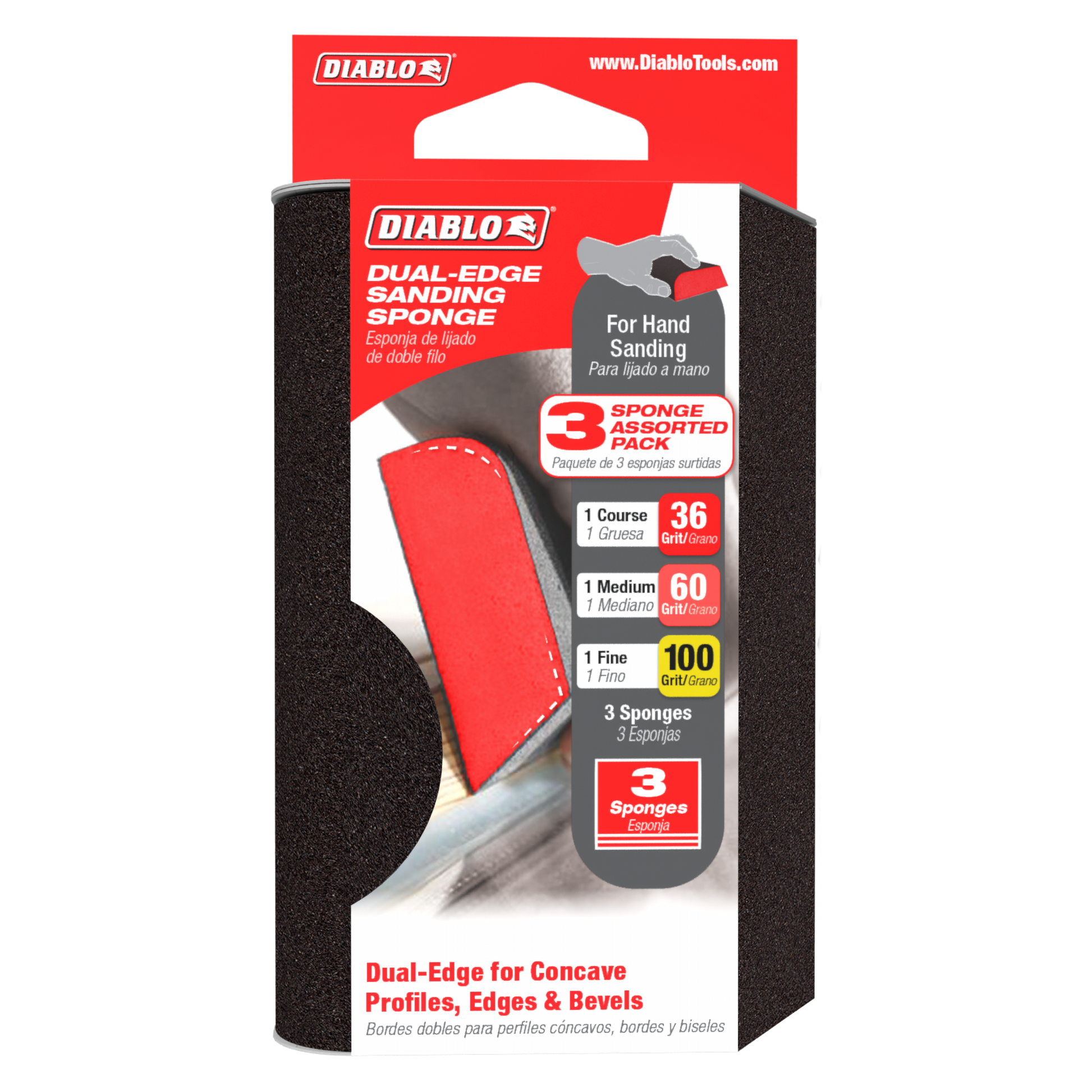 Three Diablo dual-edge sanding sponges in coarse, medium, and fine grits in retail packaging.