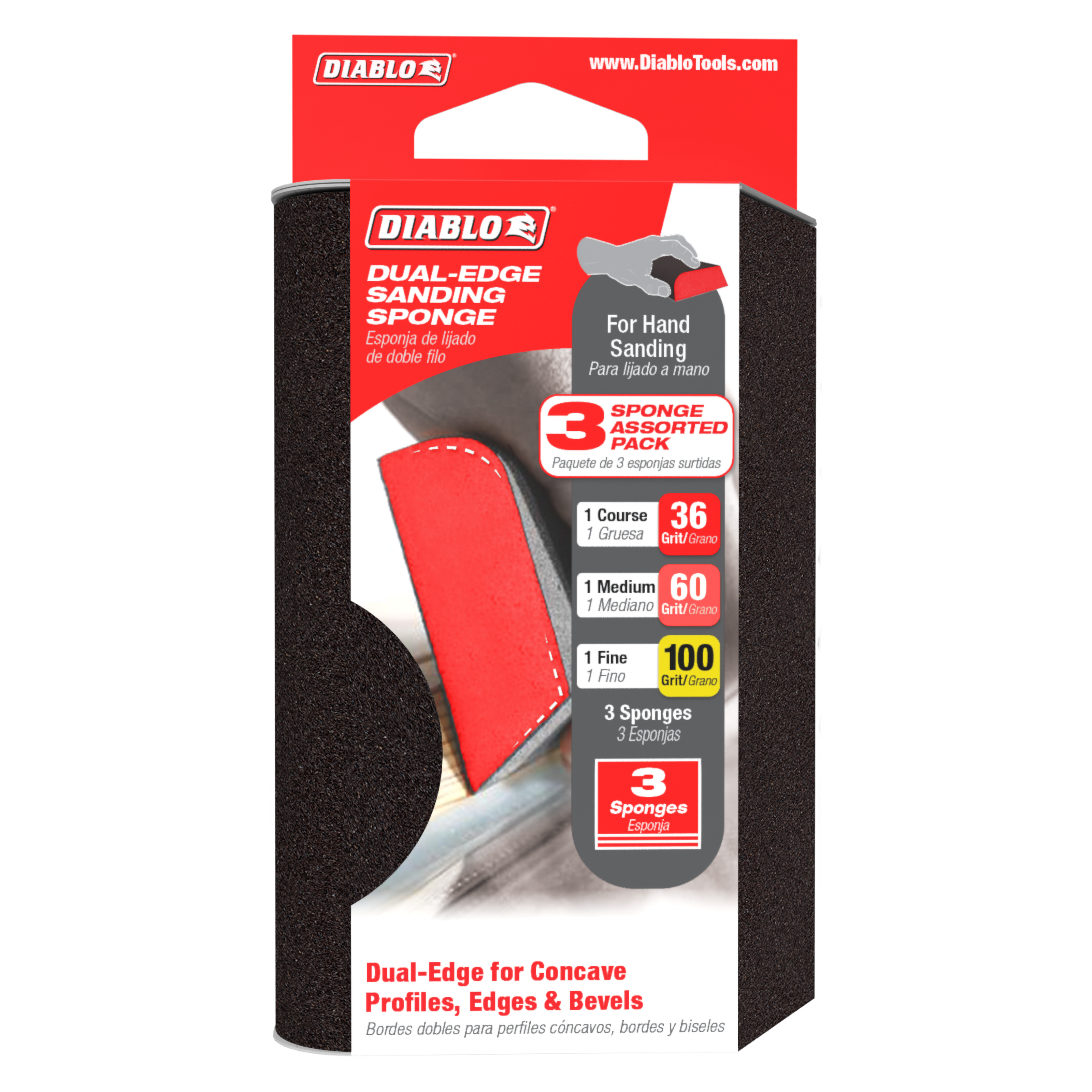 Three Diablo dual-edge sanding sponges in coarse, medium, and fine grits in retail packaging.