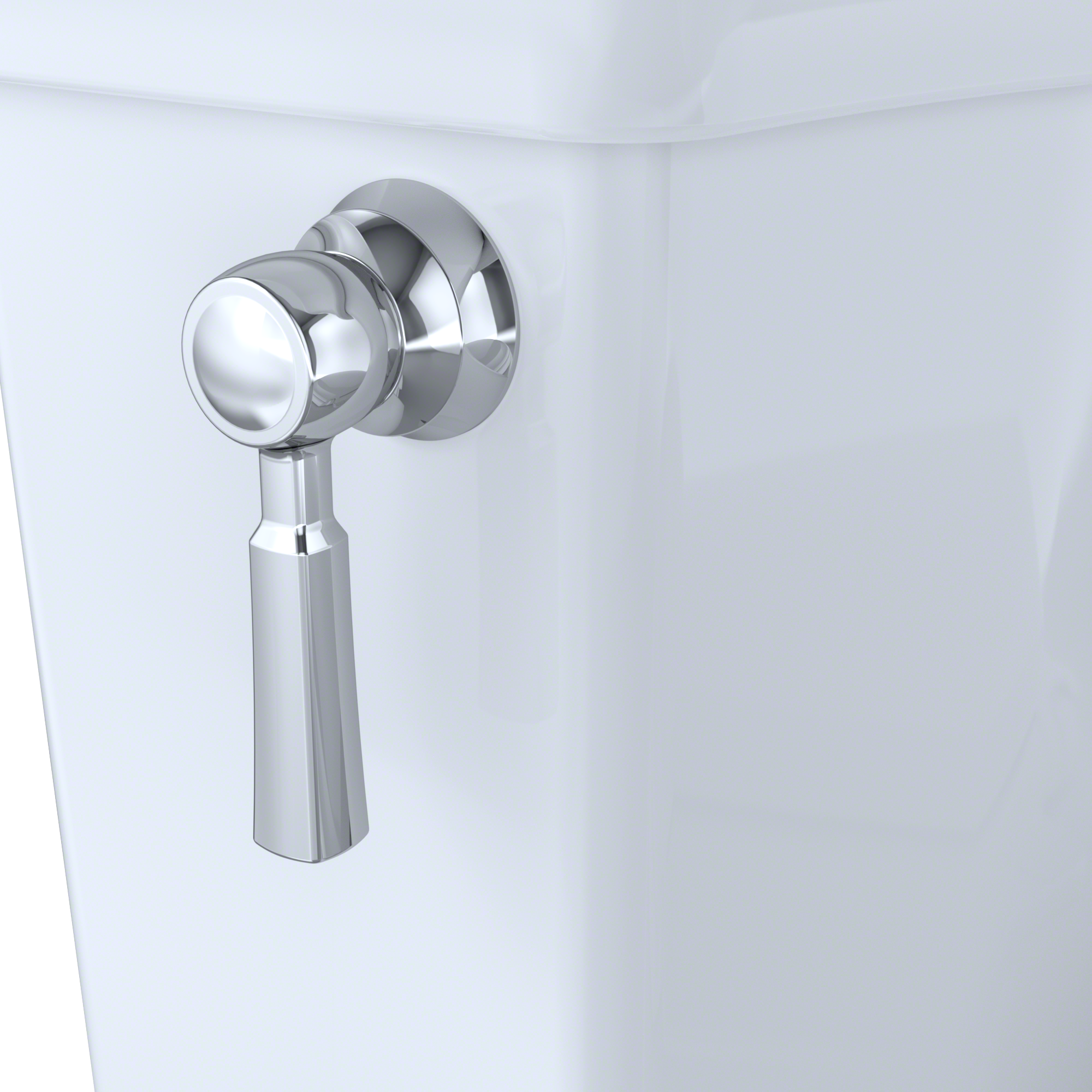 Chrome trip lever handle with rounded knob and mounting plate on bone-colored toilet tank.