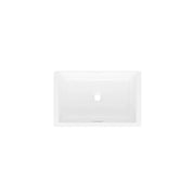White rectangular undermount bathroom sink with single faucet hole, viewed from above.