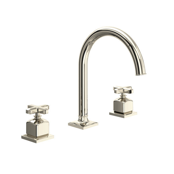Polished nickel widespread lavatory faucet with curved C-spout and cross handles on square bases.