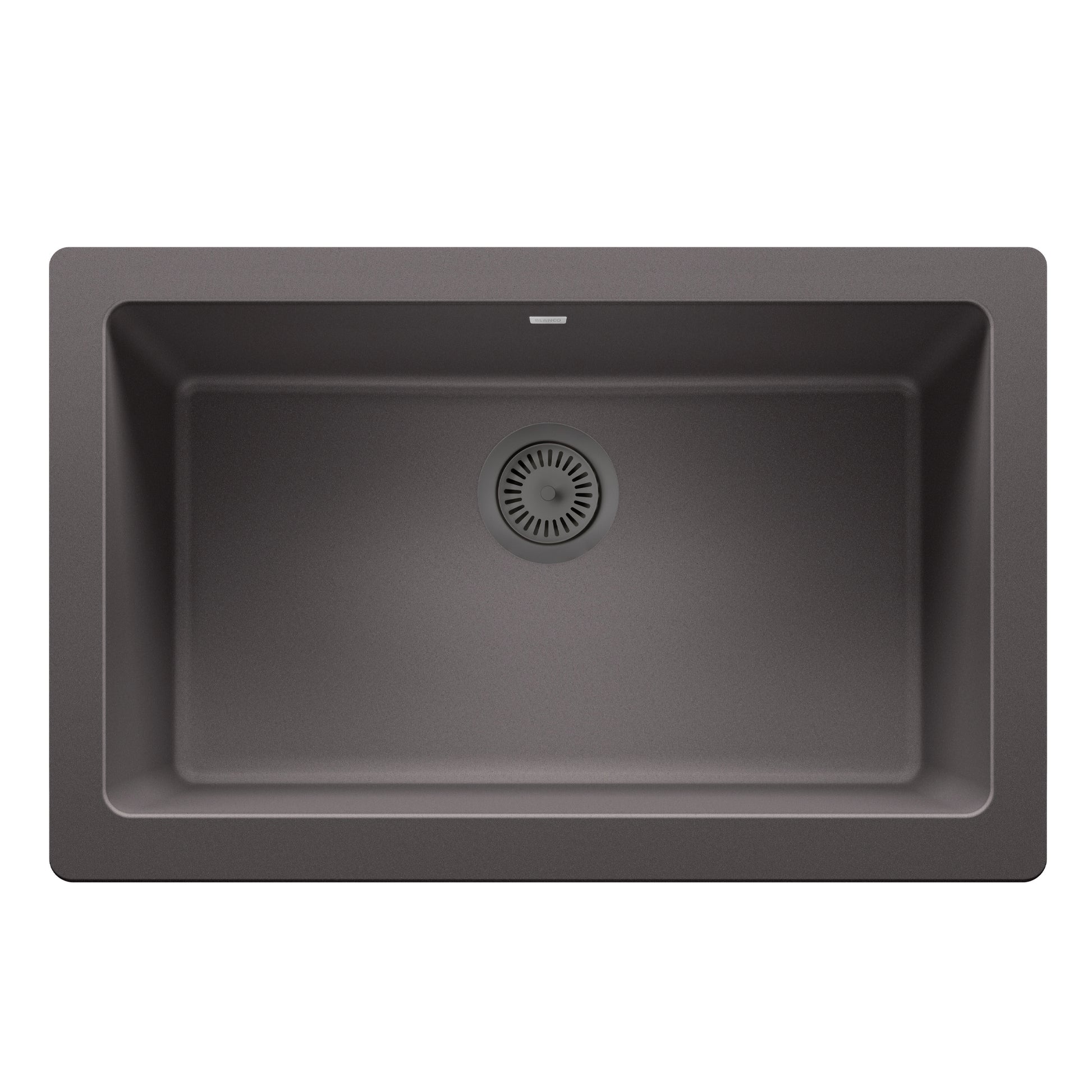 Cinder gray metal basket strainer with radial pattern, installed in kitchen sink drain.