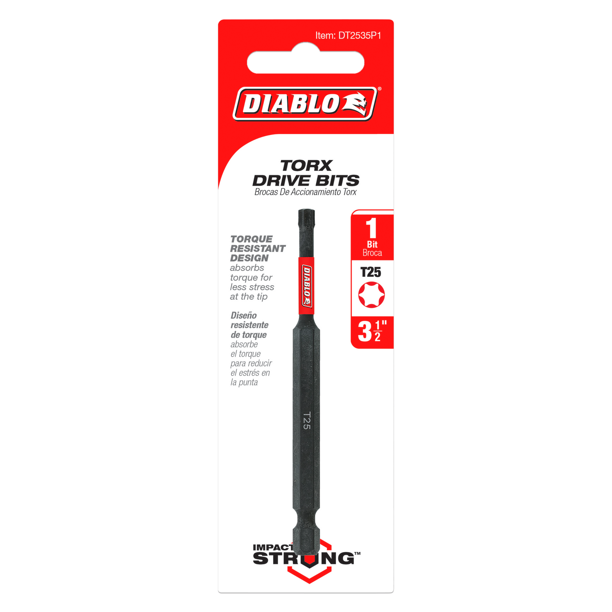 Black Diablo #25 Torx drive bit, 3-1/2 inches long, on red and white packaging.