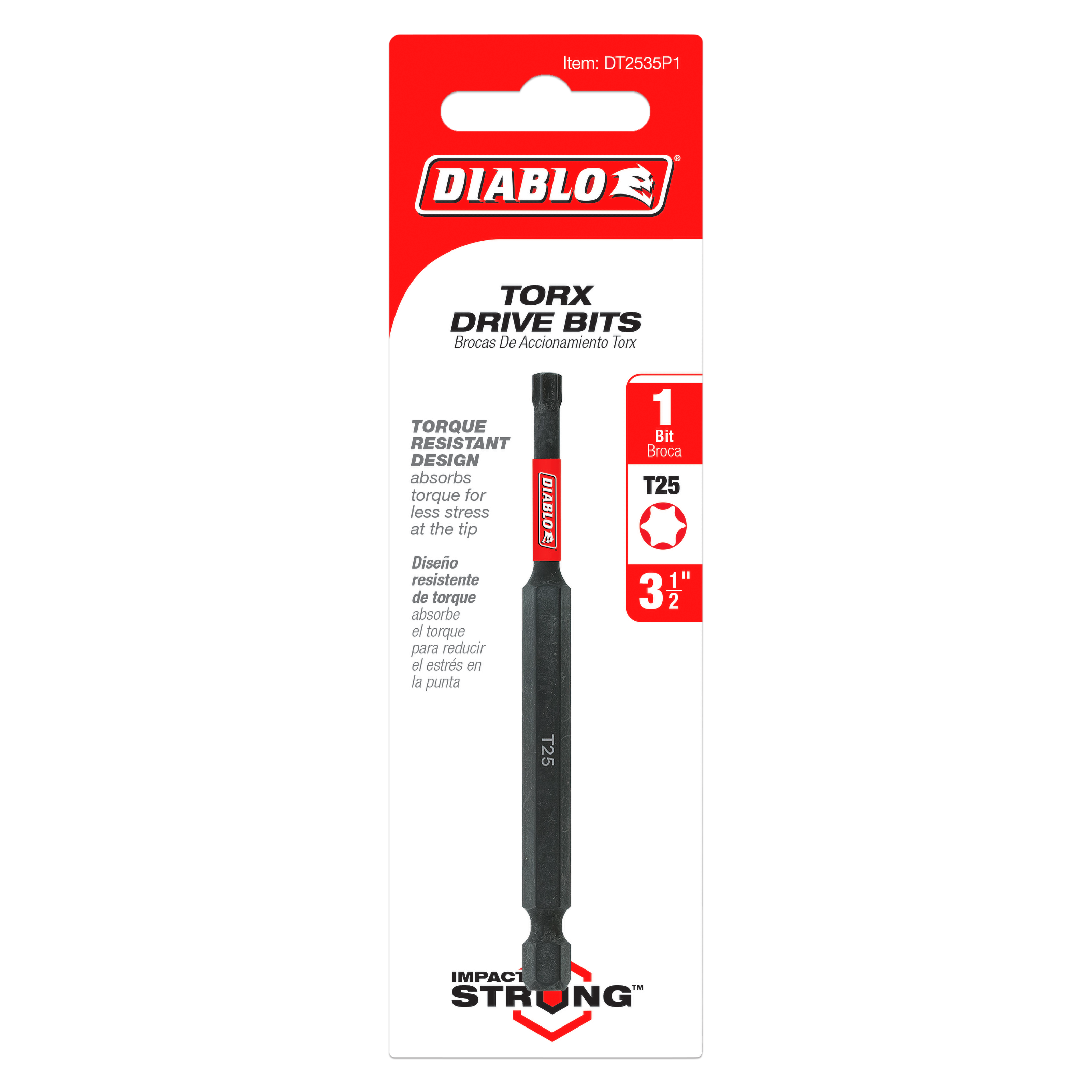 Black Diablo #25 Torx drive bit, 3-1/2 inches long, on red and white packaging.