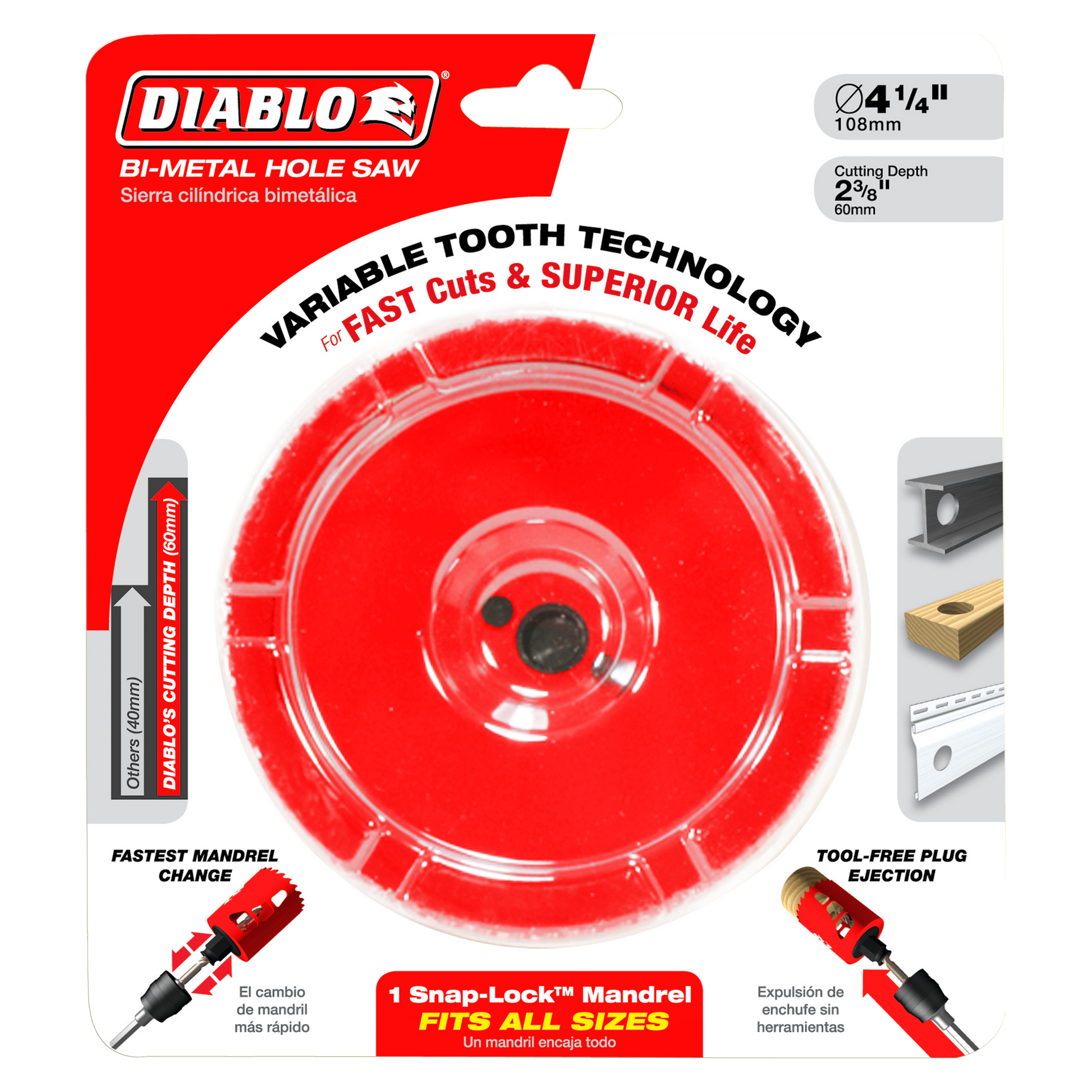 Red bi-metal hole saw with variable tooth technology, 4-1/8 inch diameter, 2-3/8 inch cutting depth.