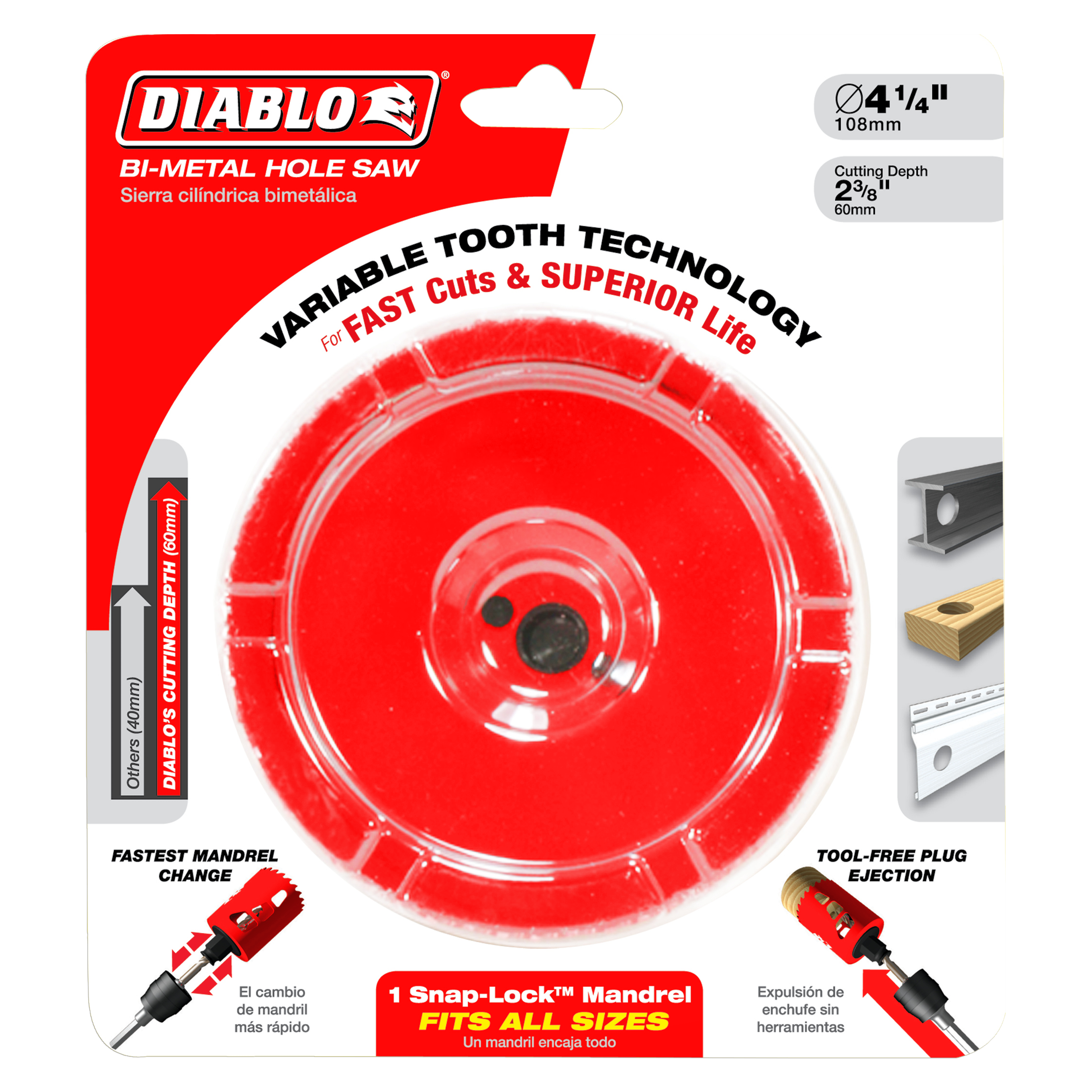 Red bi-metal hole saw with variable tooth technology, 4-1/8 inch diameter, 2-3/8 inch cutting depth.