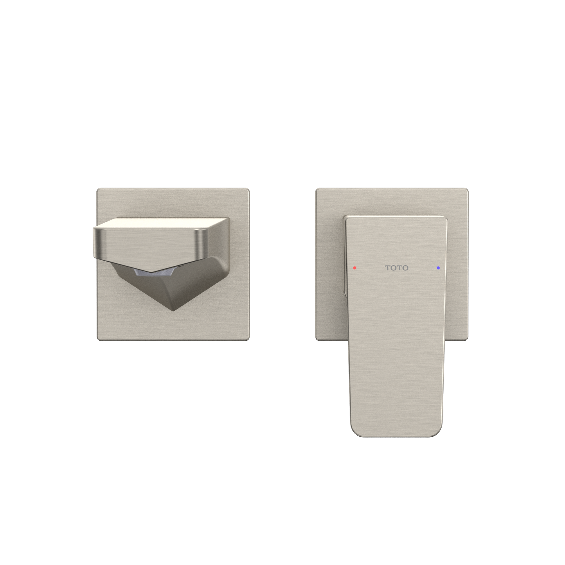 Brushed nickel wall-mount bathroom faucet with single handle and square mounting plate, shown from top view.