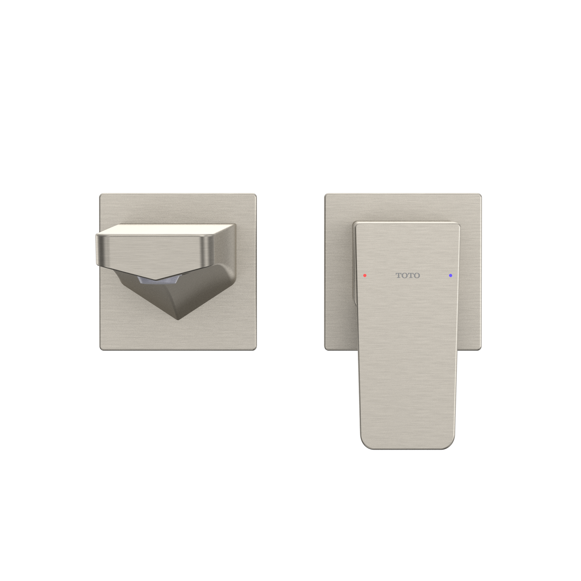 Brushed nickel wall-mount bathroom faucet with single handle and square mounting plate, shown from top view.