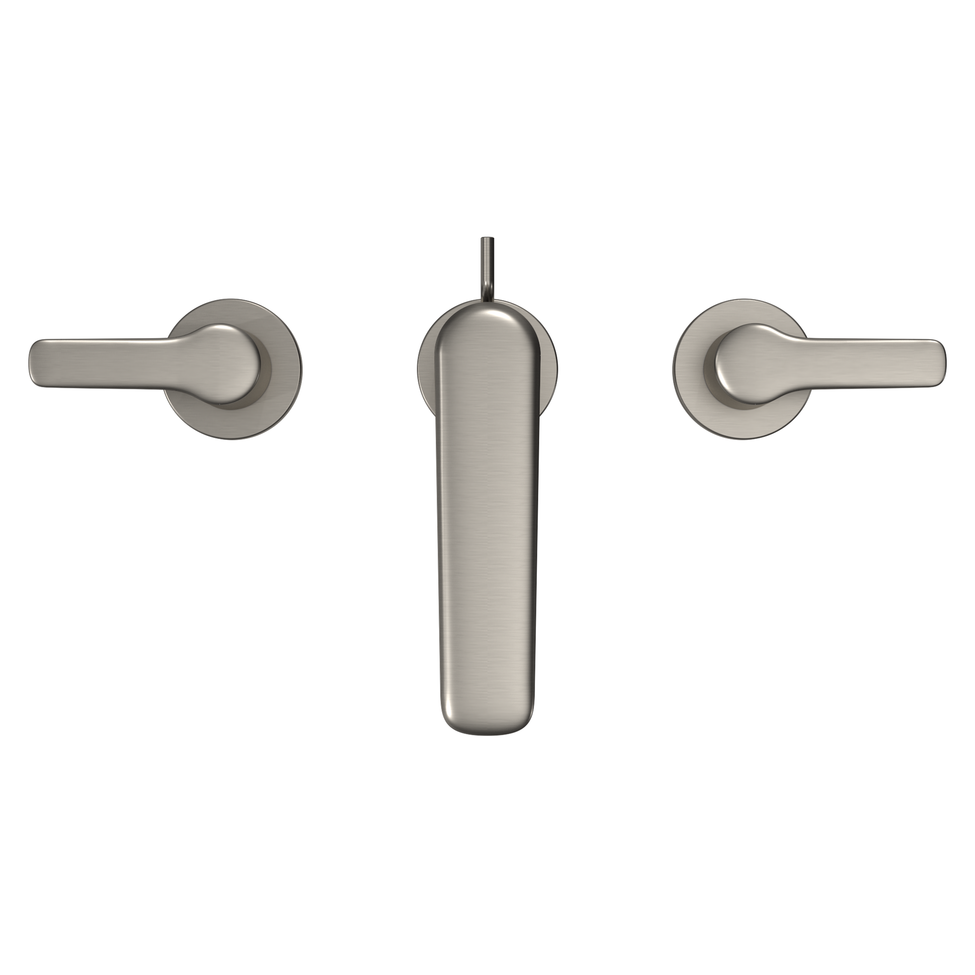 Brushed nickel two-handle widespread bathroom sink faucet with lever handles and vertical spout.