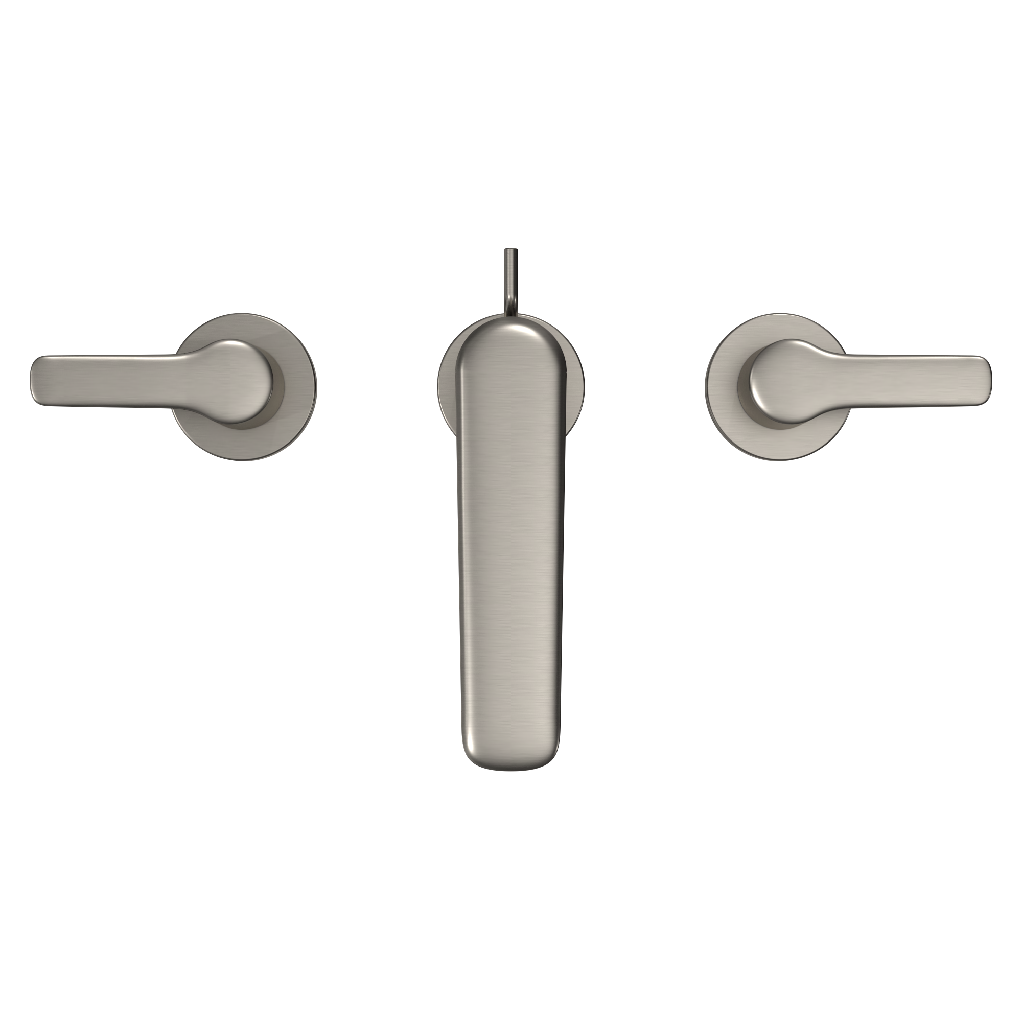 Brushed nickel two-handle widespread bathroom sink faucet with lever handles and vertical spout.