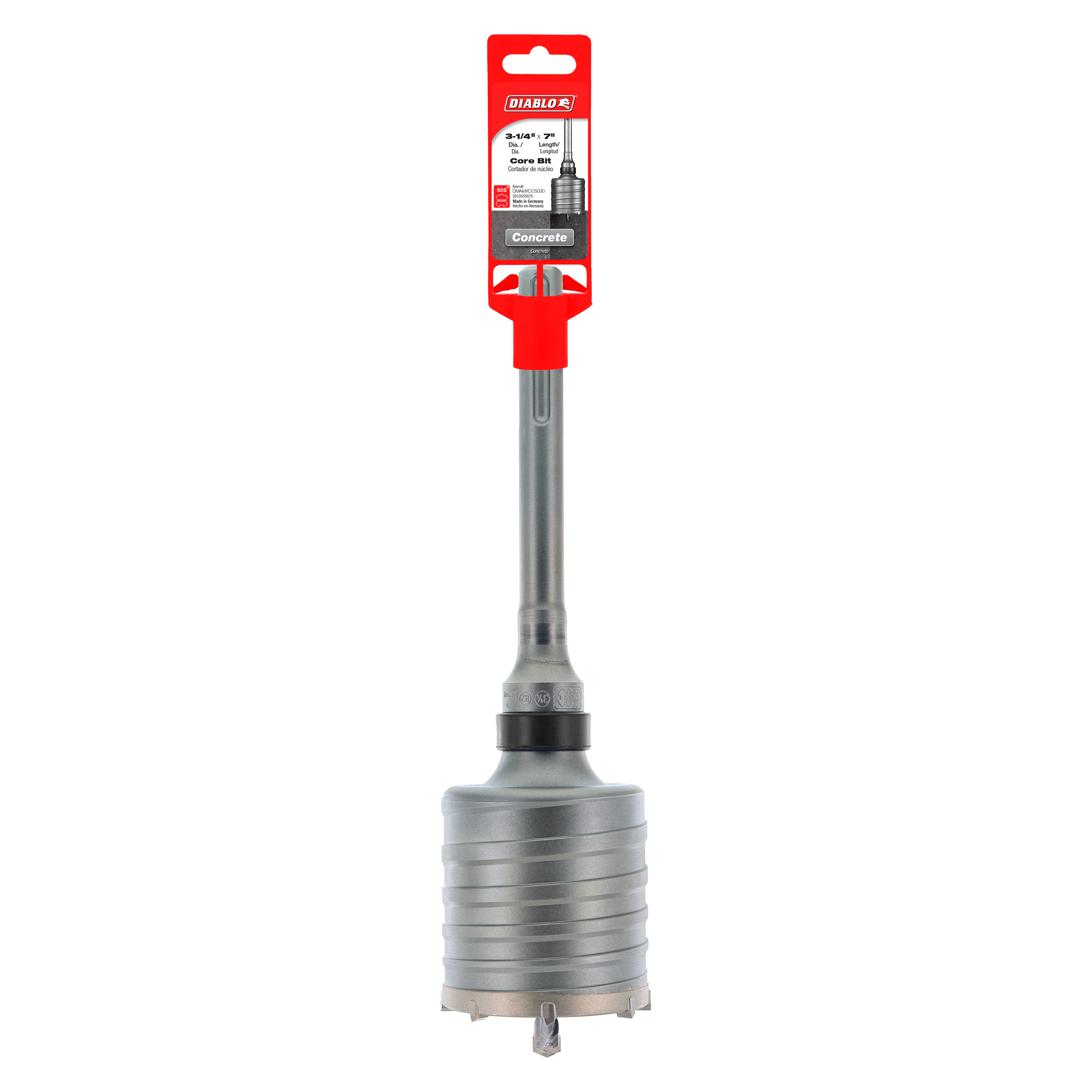 Two SDS-Max carbide-tipped core bits with metal shafts and red packaging header strip displayed vertically.