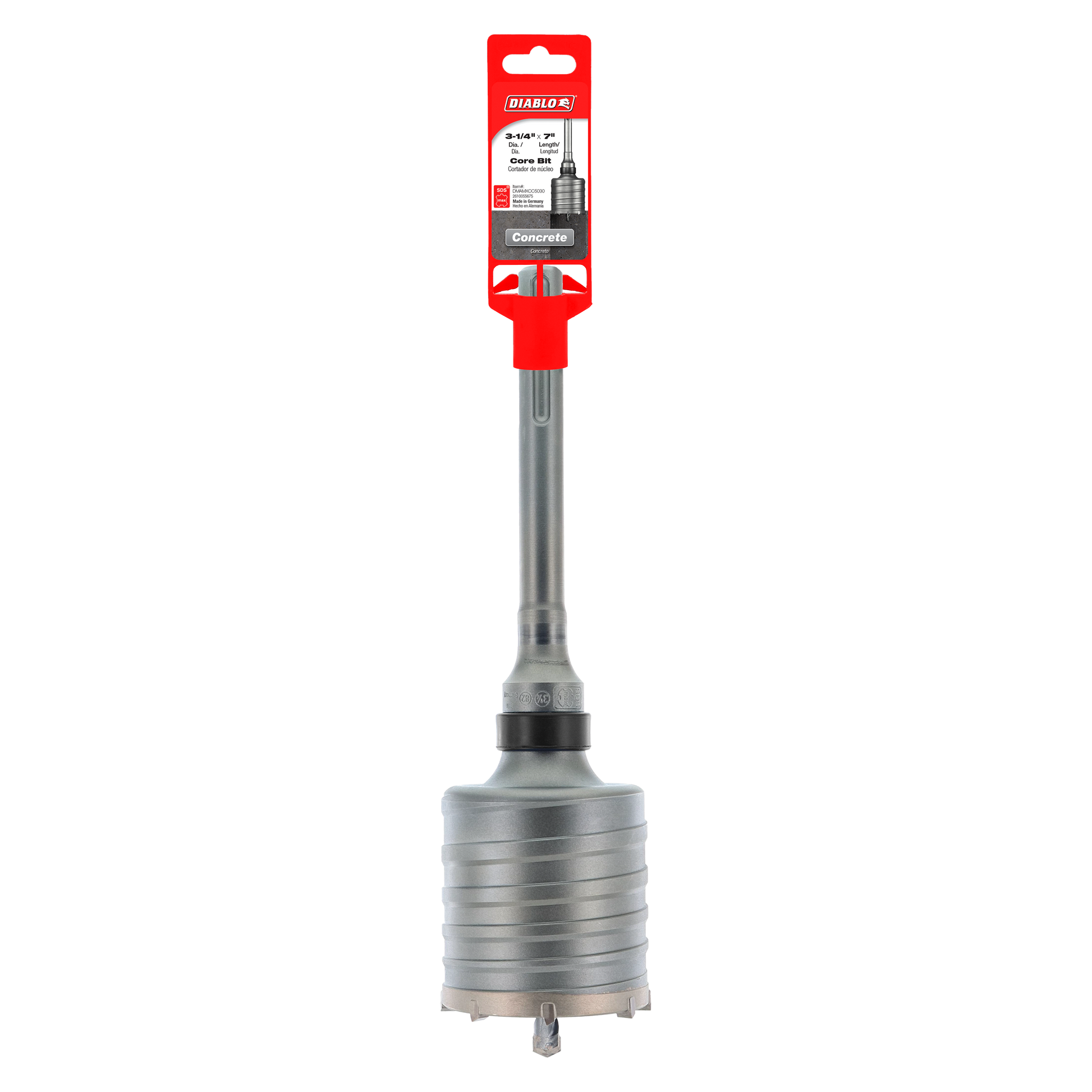 Diablo SDS-Max carbide tipped core bit with red packaging header, gray metal shaft, and cylindrical drilling head with groove