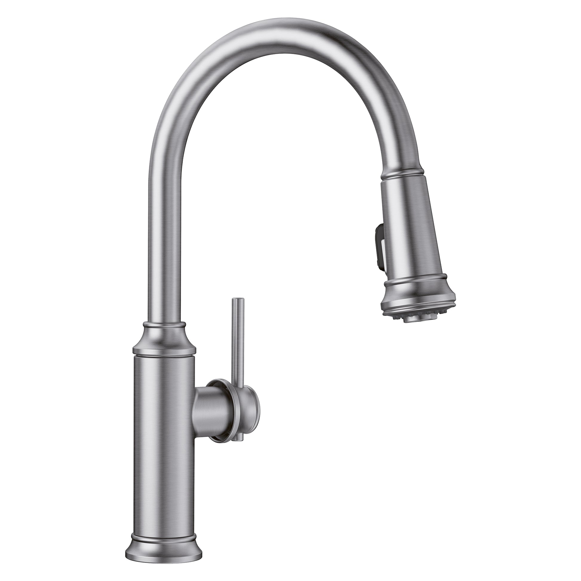 Stainless steel pull-down kitchen faucet with curved spout and single lever handle.