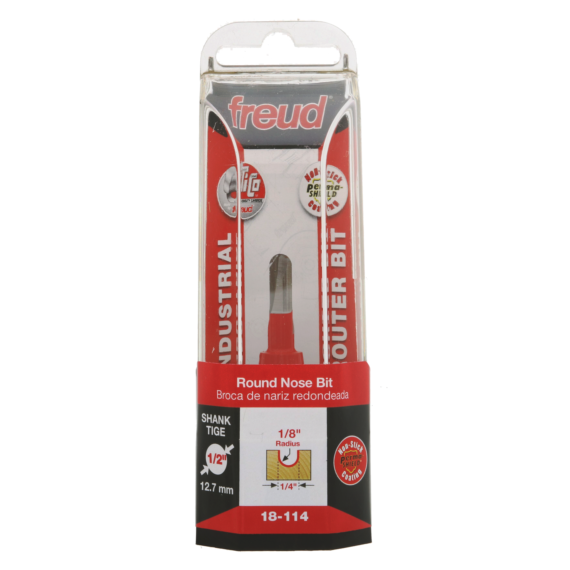 Freud round nose bit with 1/8" radius, 1/2" shank, model 18-114 in clear plastic clamshell packaging.
