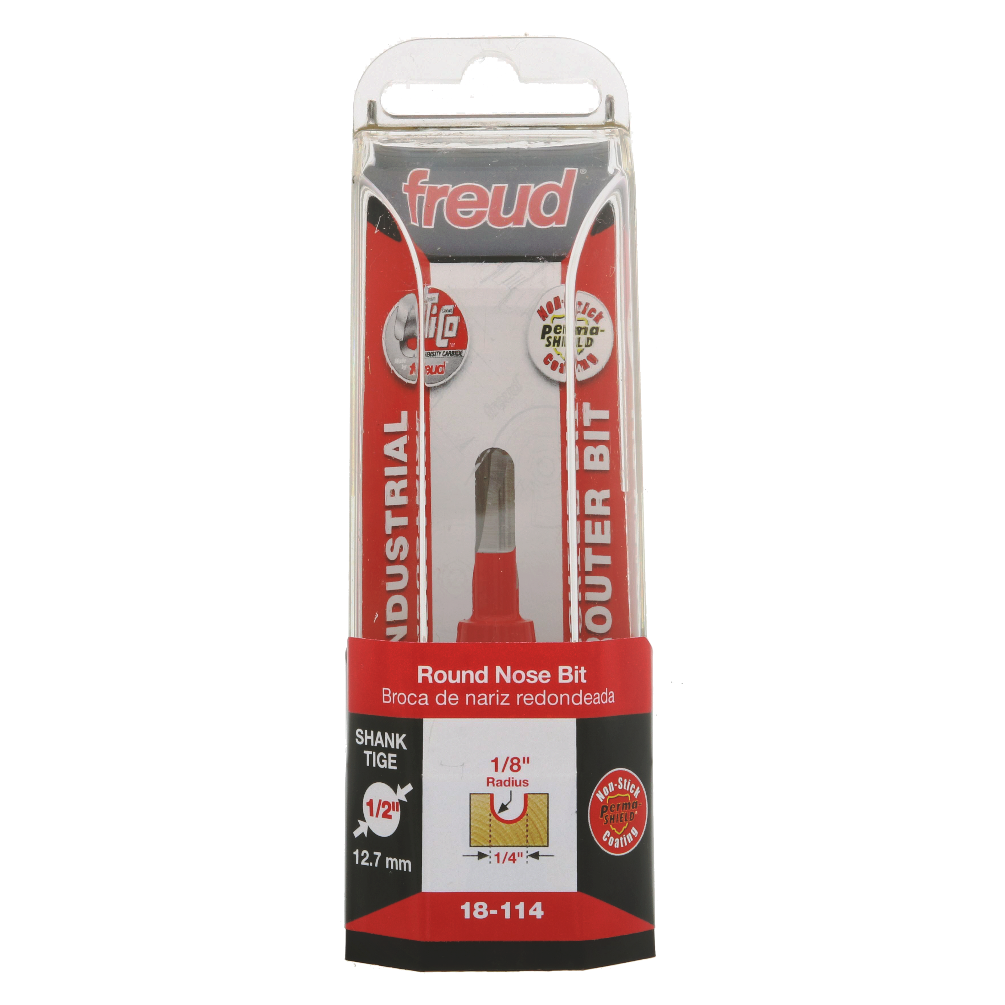 Freud round nose bit with 1/8" radius, 1/2" shank, model 18-114 in clear plastic clamshell packaging.