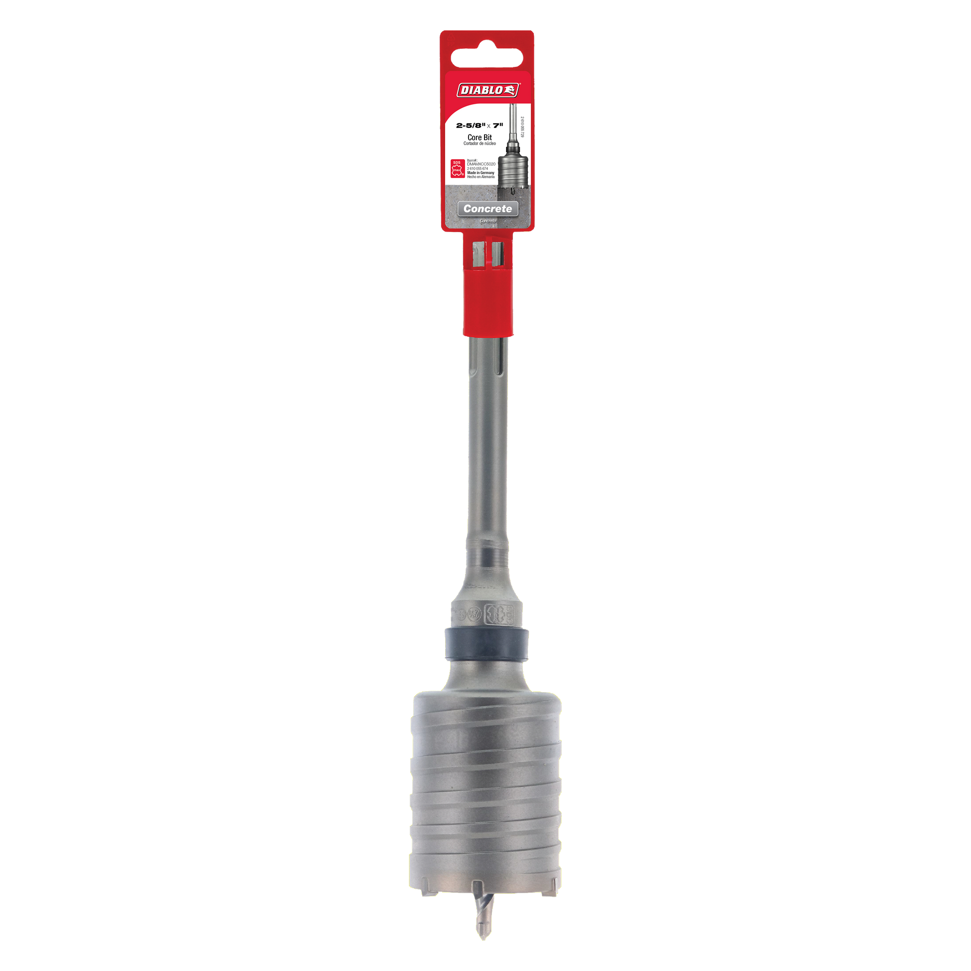 Diablo SDS-Max carbide tipped core bit with red shank and gray metal hollow drill head, displayed with red packaging label.