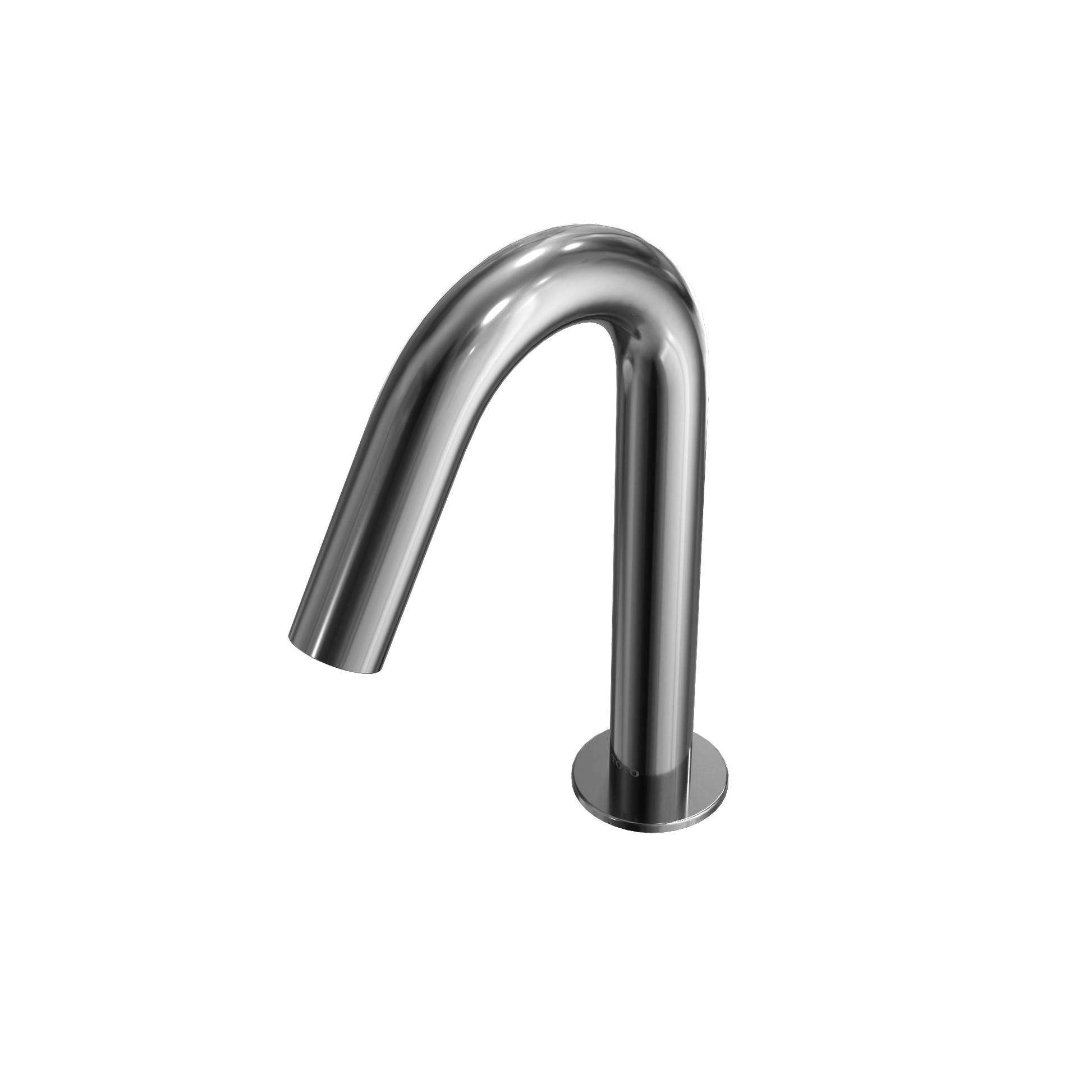 Polished chrome touchless bathroom faucet with curved spout and round base.