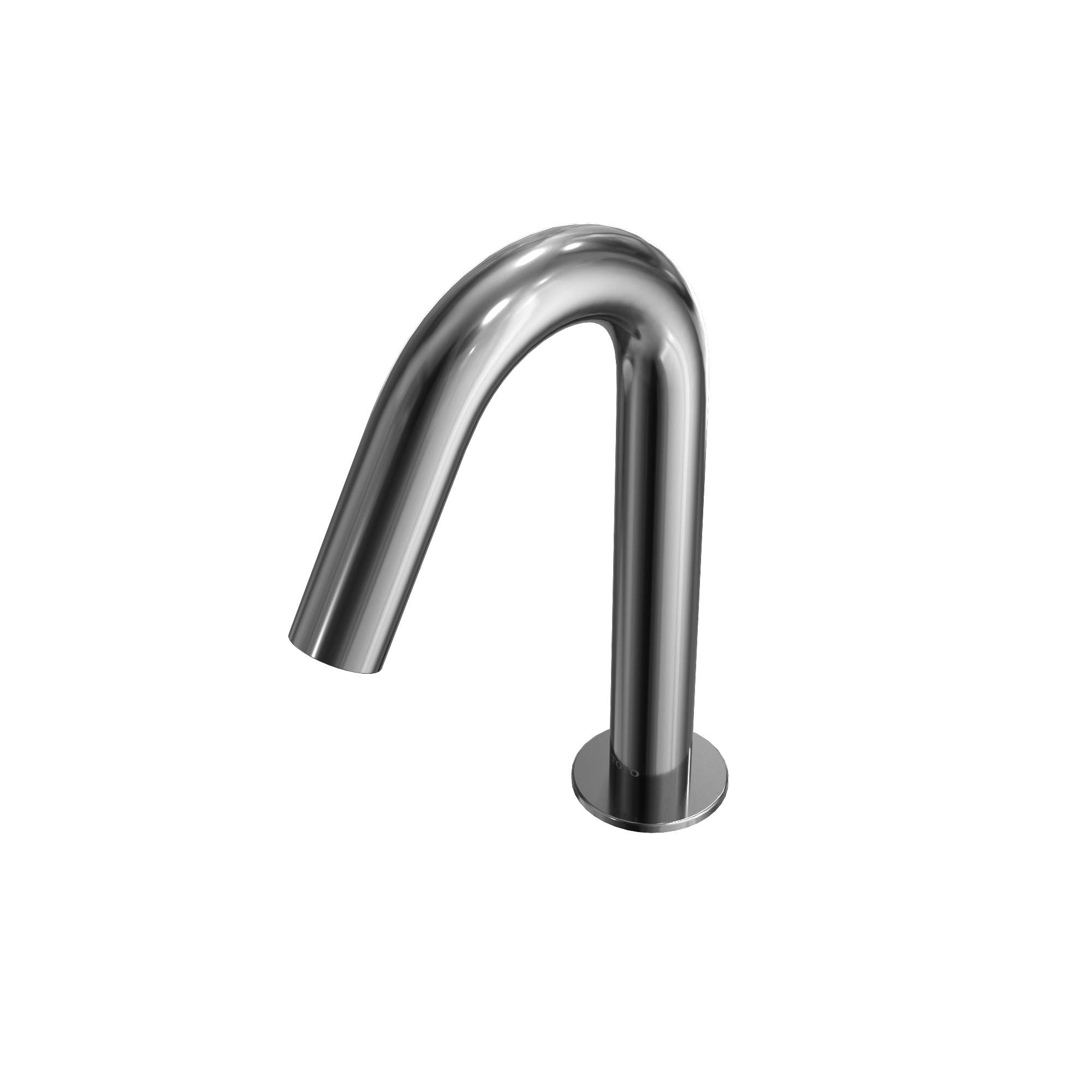 Polished chrome touchless bathroom faucet with curved spout and round base.