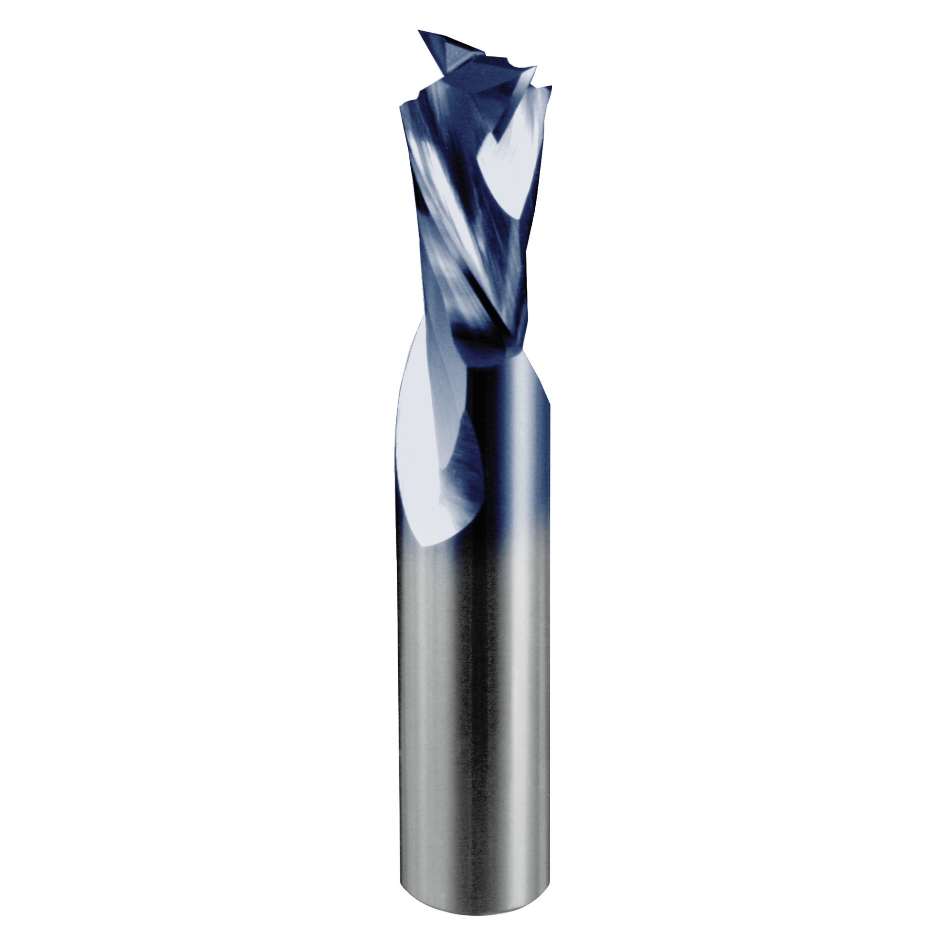 Two-flute mortise compression bit with half-inch diameter, blue and silver cutting head on cylindrical metal shaft.