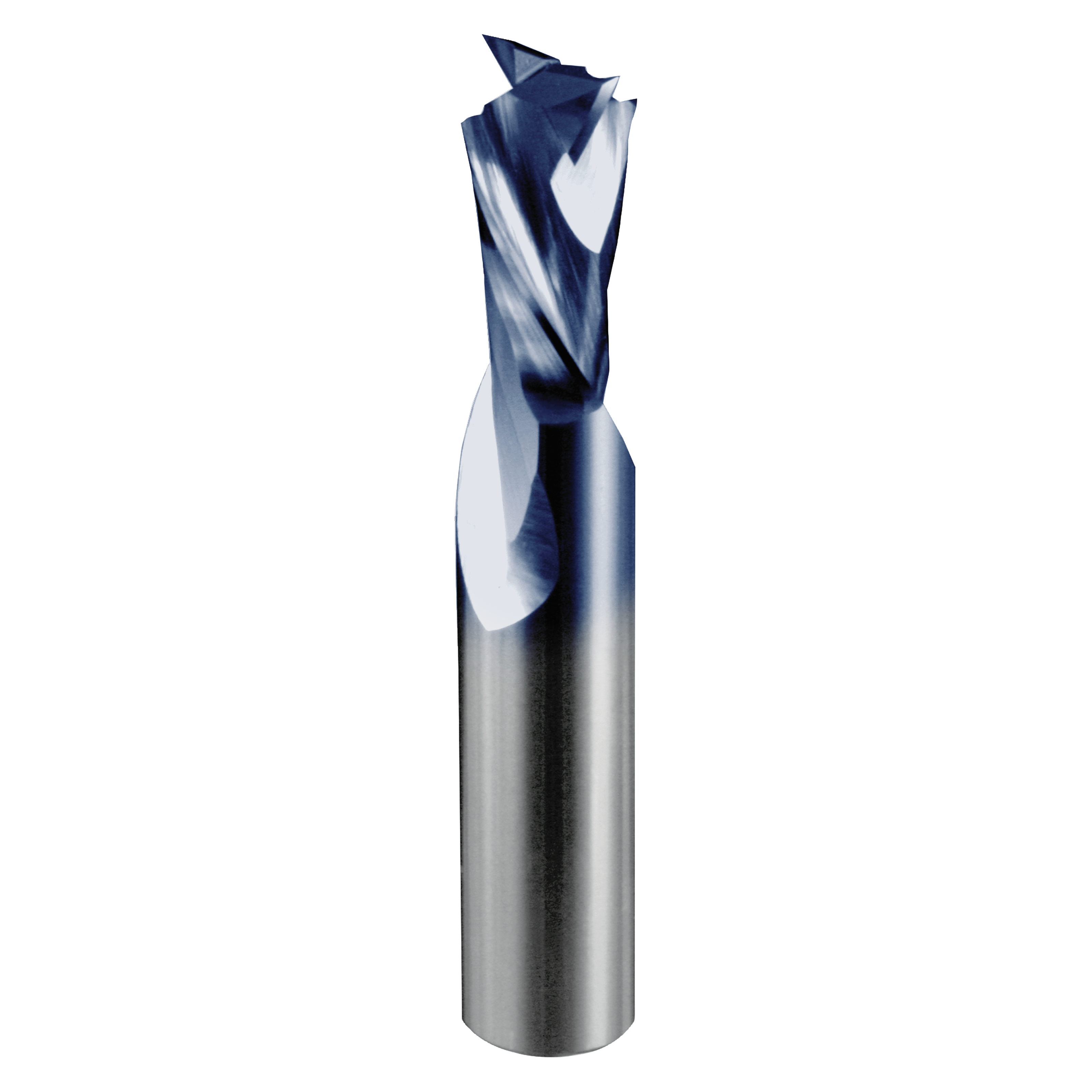 Two-flute mortise compression bit with half-inch diameter, blue and silver cutting head on cylindrical metal shaft.