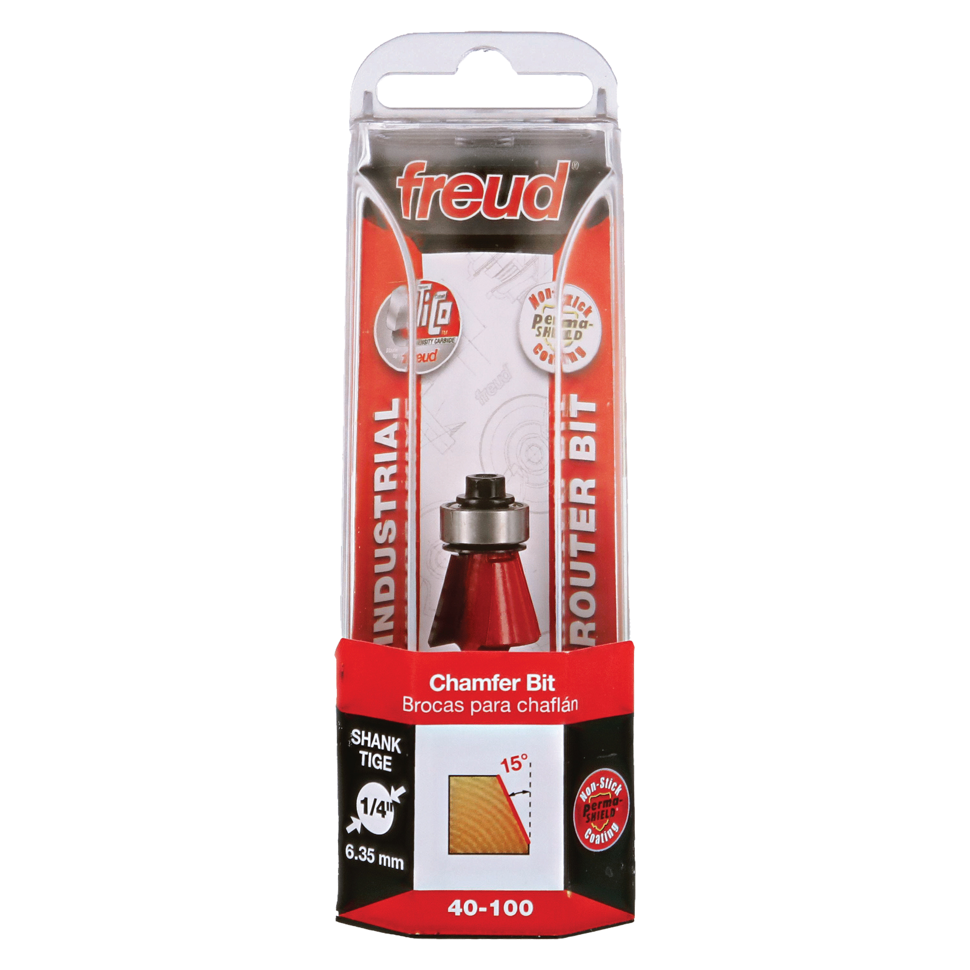 Freud 40-100 chamfer bit with red handle and metallic shank in clear plastic clamshell packaging.