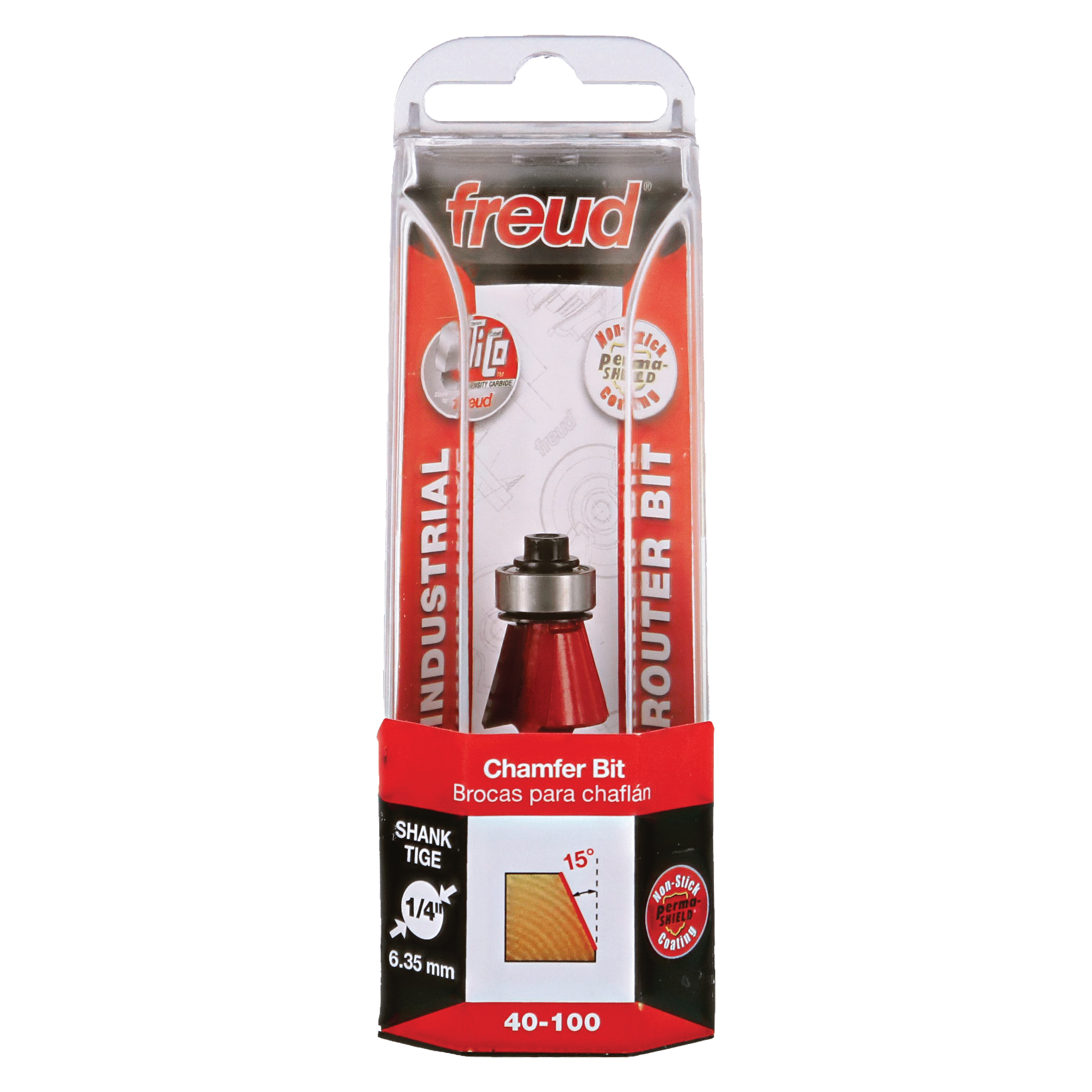 Freud 40-100 chamfer bit with red handle and metallic shank in clear plastic clamshell packaging.