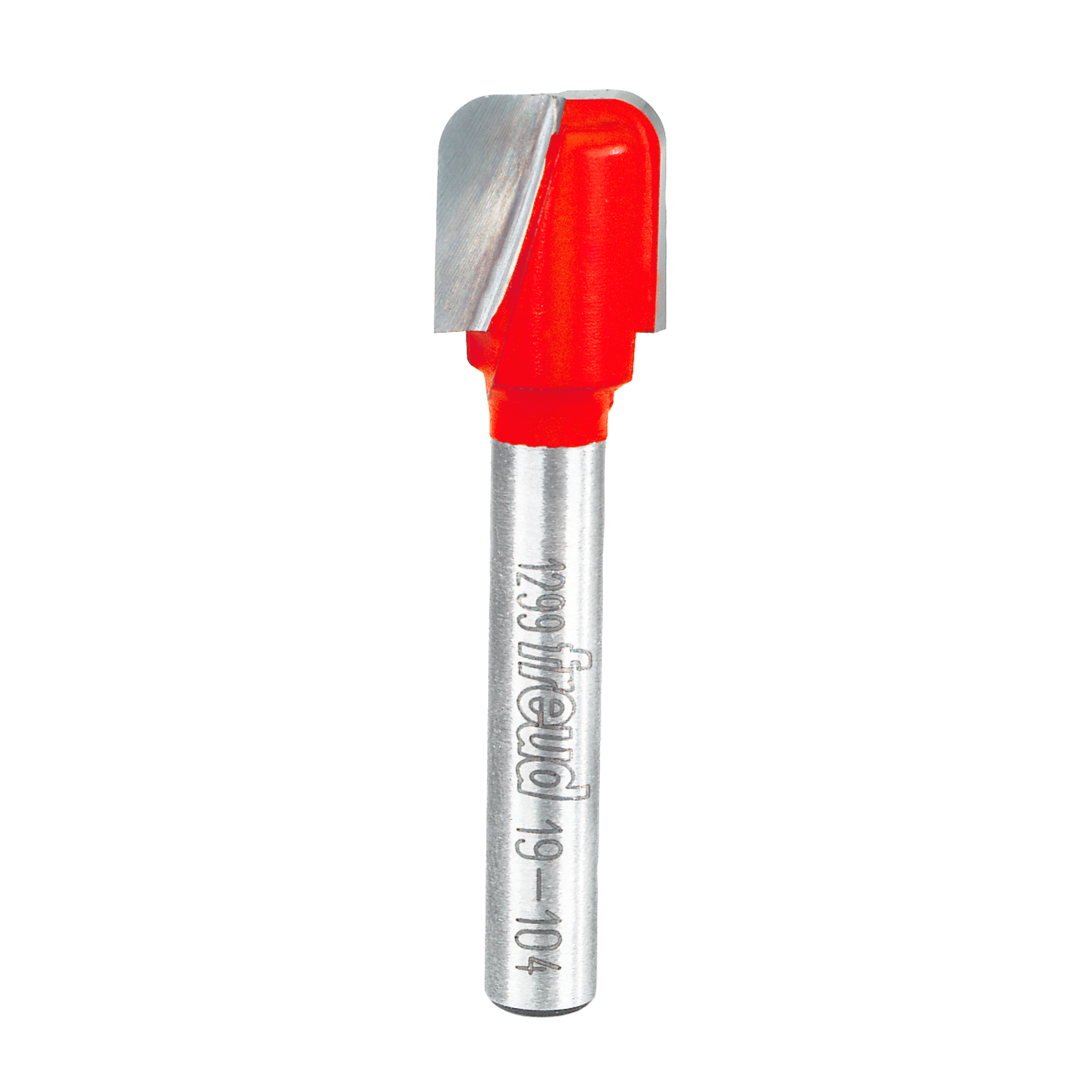 Freud carving bit with red plastic head and curved cutting edge, metal shaft with engraved text.