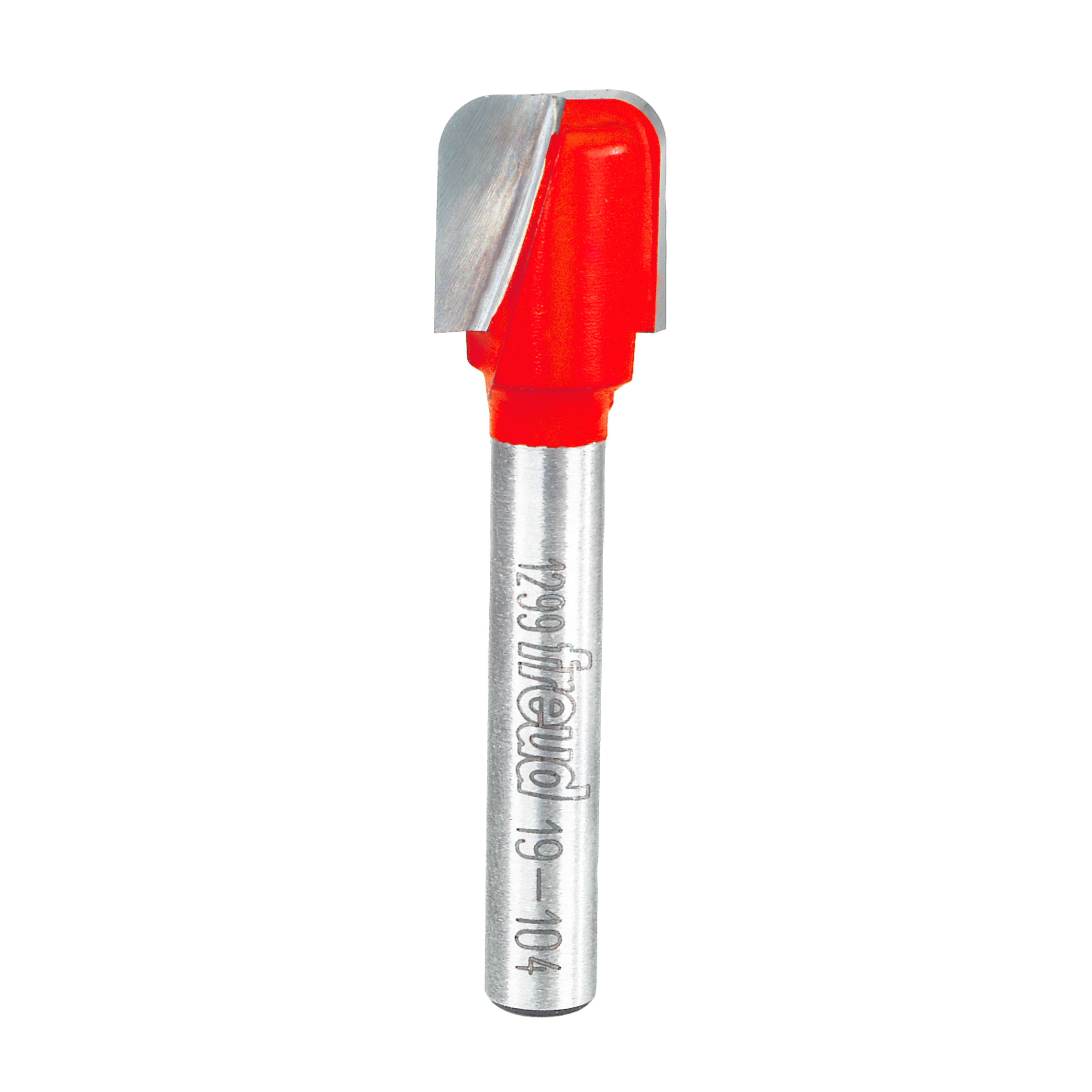 Freud carving bit with red plastic head and curved cutting edge, metal shaft with engraved text.